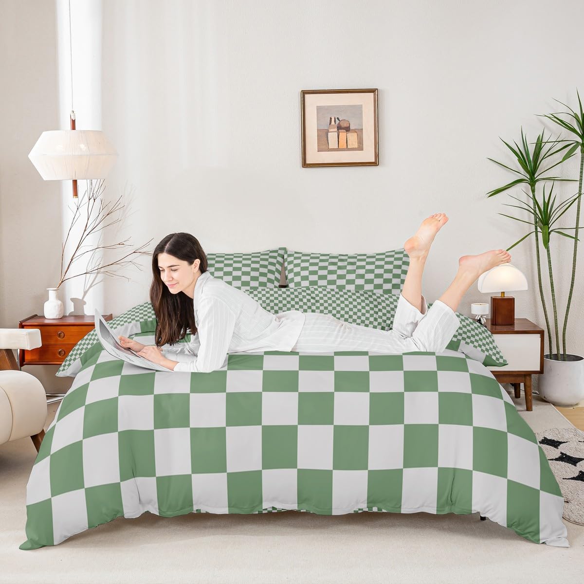 Housse de couette douce lit simple Manfei et sa taie d'oreiller à carreaux géométriques