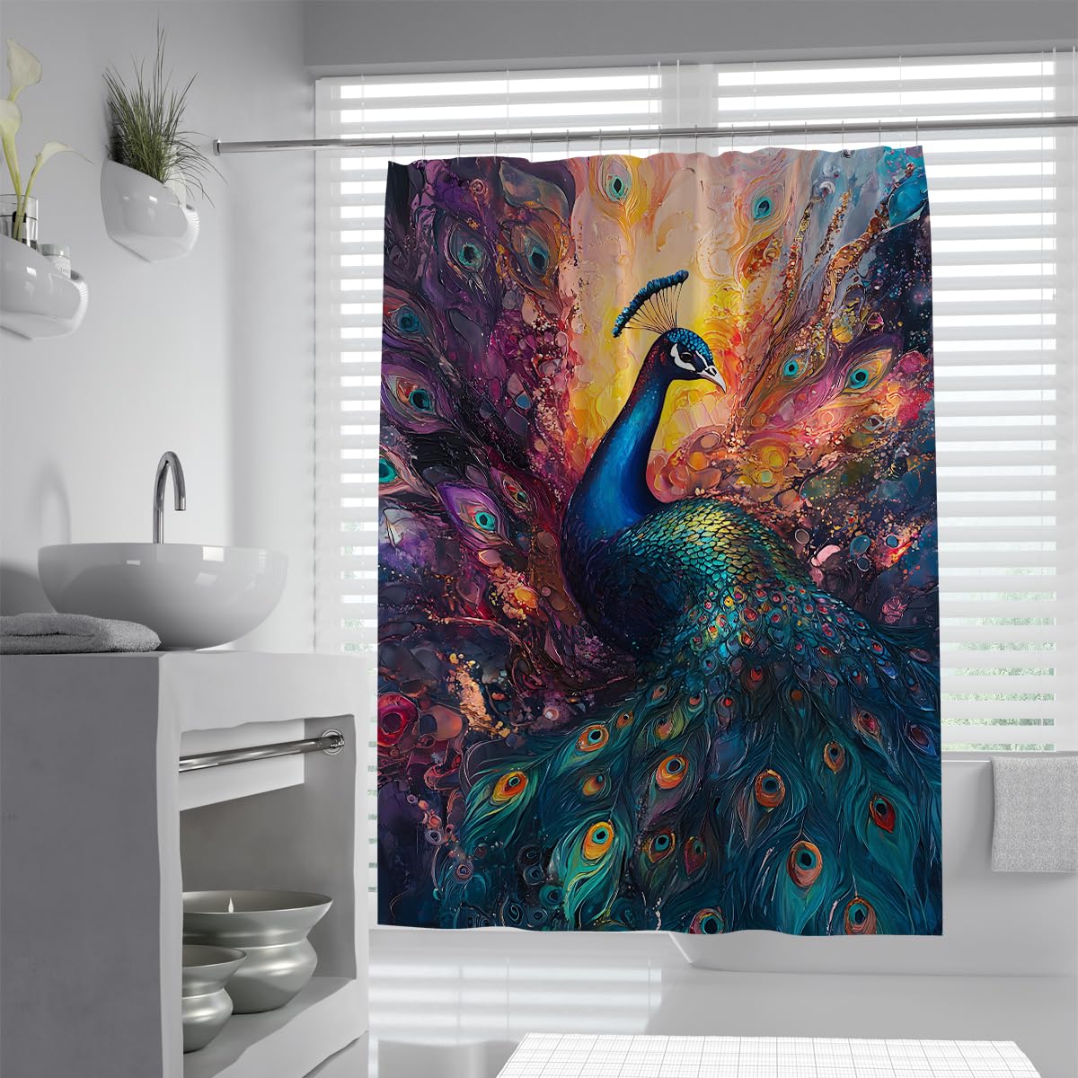UIRINGART Peacock Shower Curtain W200xL240cm Artistic Purple Golden Feather Oil Painting Waterproof Mould Resistant Washable Fabric Bath Curtains Bathroom Decor with Hooks