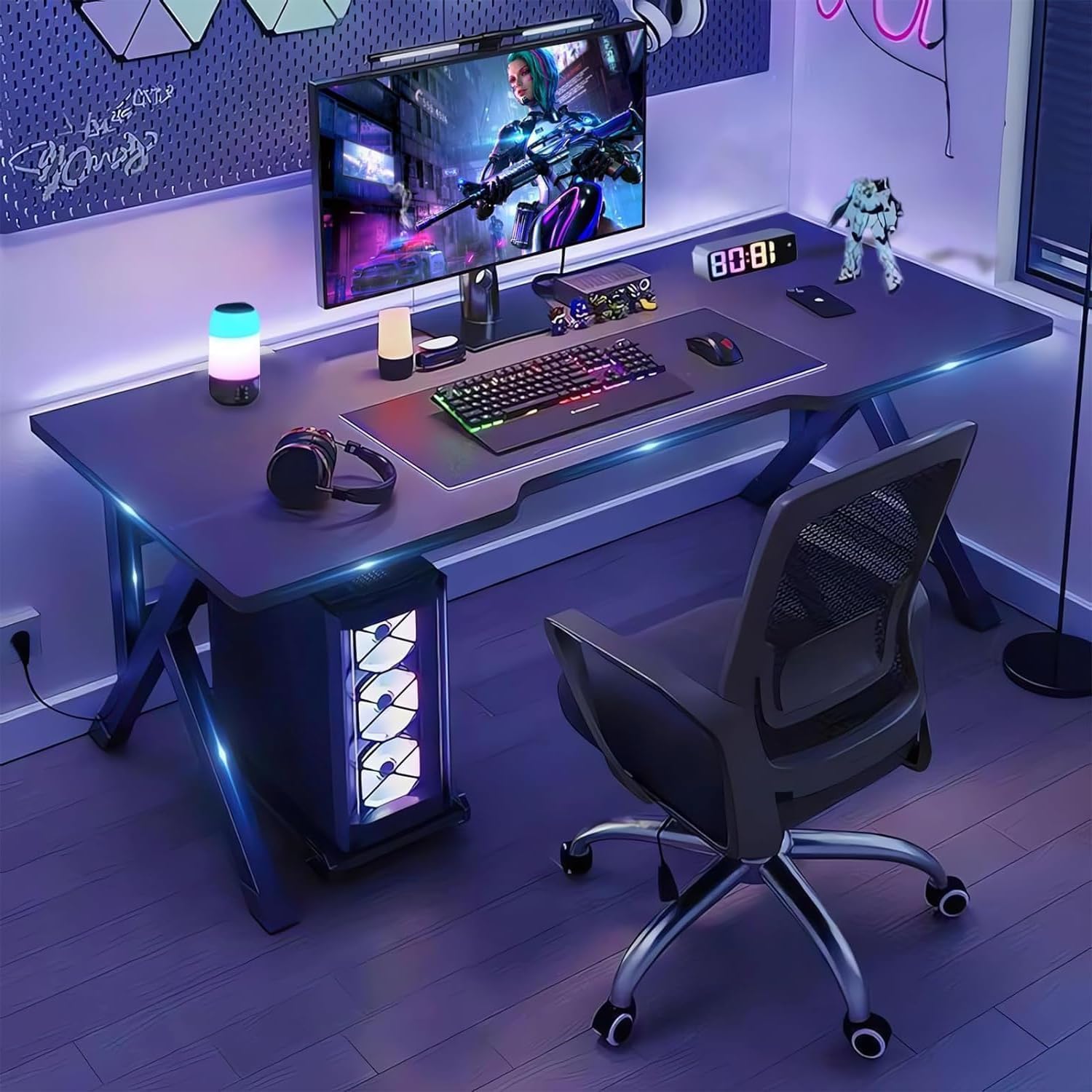 Large Gaming Desk, K-Shaped PC Gaming Table for Home Office, Ergonomic Computer Desk, Space-Saving, Easy Assembly(Black 48 Inch)
