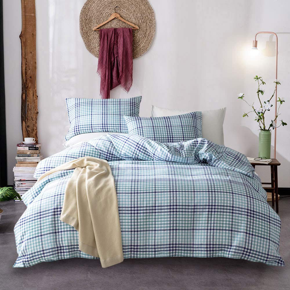 Lausonhouse Linen Duvet Cover Set, 100% French Linen Yarn Dyed Check Duvet Cover Set,Luxurious Flax Bedding Set- King - Blue/Green Check