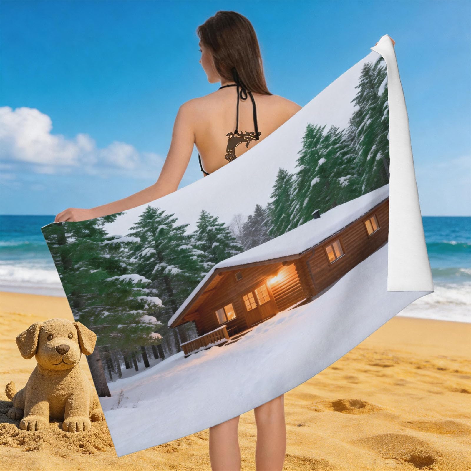 Leichong 3D Forest Wooden House Beach Towel Large Microfiber Soft Quick Dry for Adults, Snowscape Bath Towel Lightweight Soft Absorbent for Travel Swimming Pool Sports, 80 x 160 cm