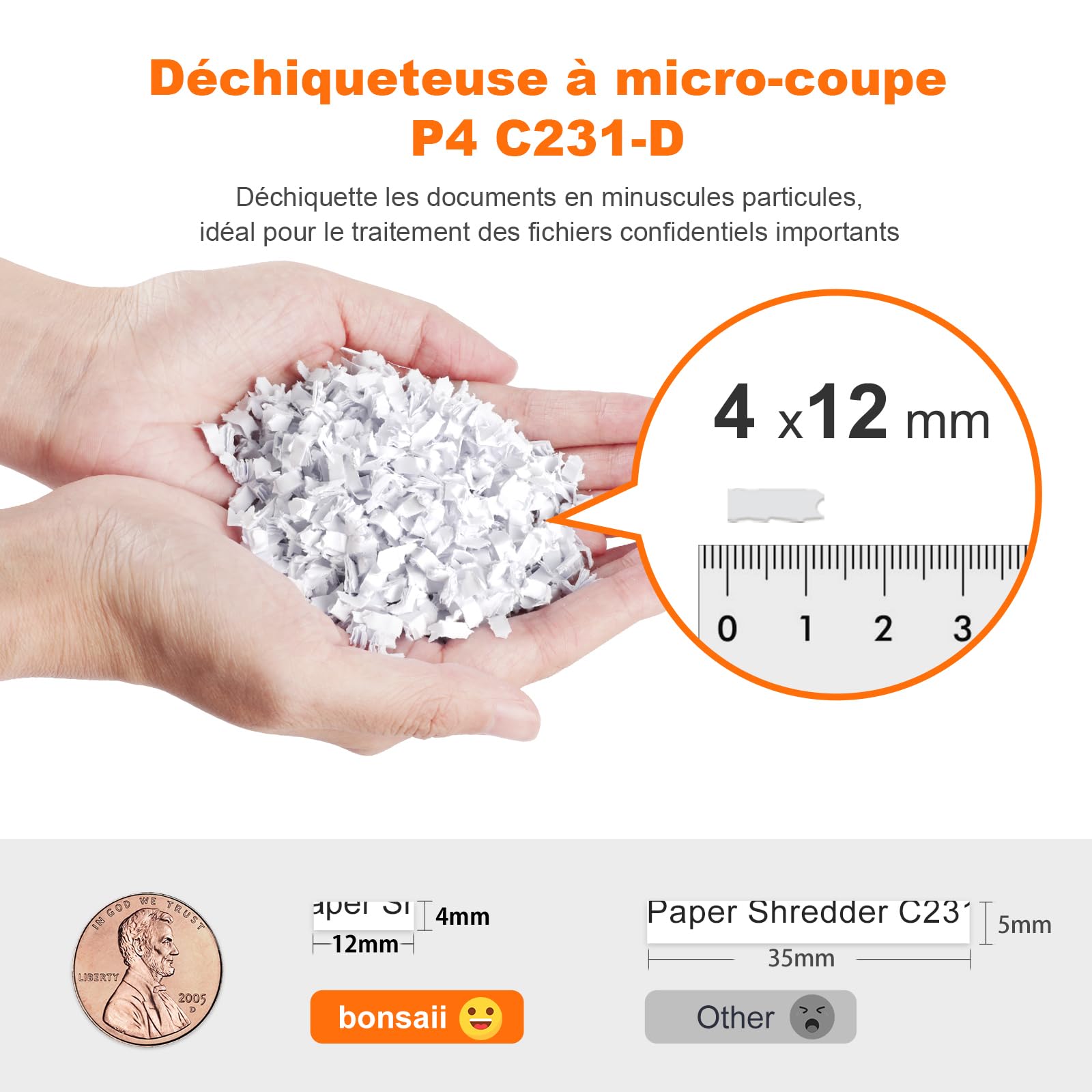 Bonsaii Destructeur de Documents Coupe Micro-particulaire P4, Alimentation Automatique 100 Feuilles, 30 Min Continu, 16L, C231-D