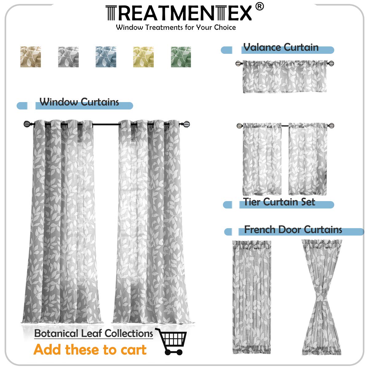 Treatmentex Weiße Druckvorhänge für Wohnzimmer, 160 cm Länge, grün, halbdurchsichtig, Blätter, Vorhänge für Fenster, Ösen, 2 Stück