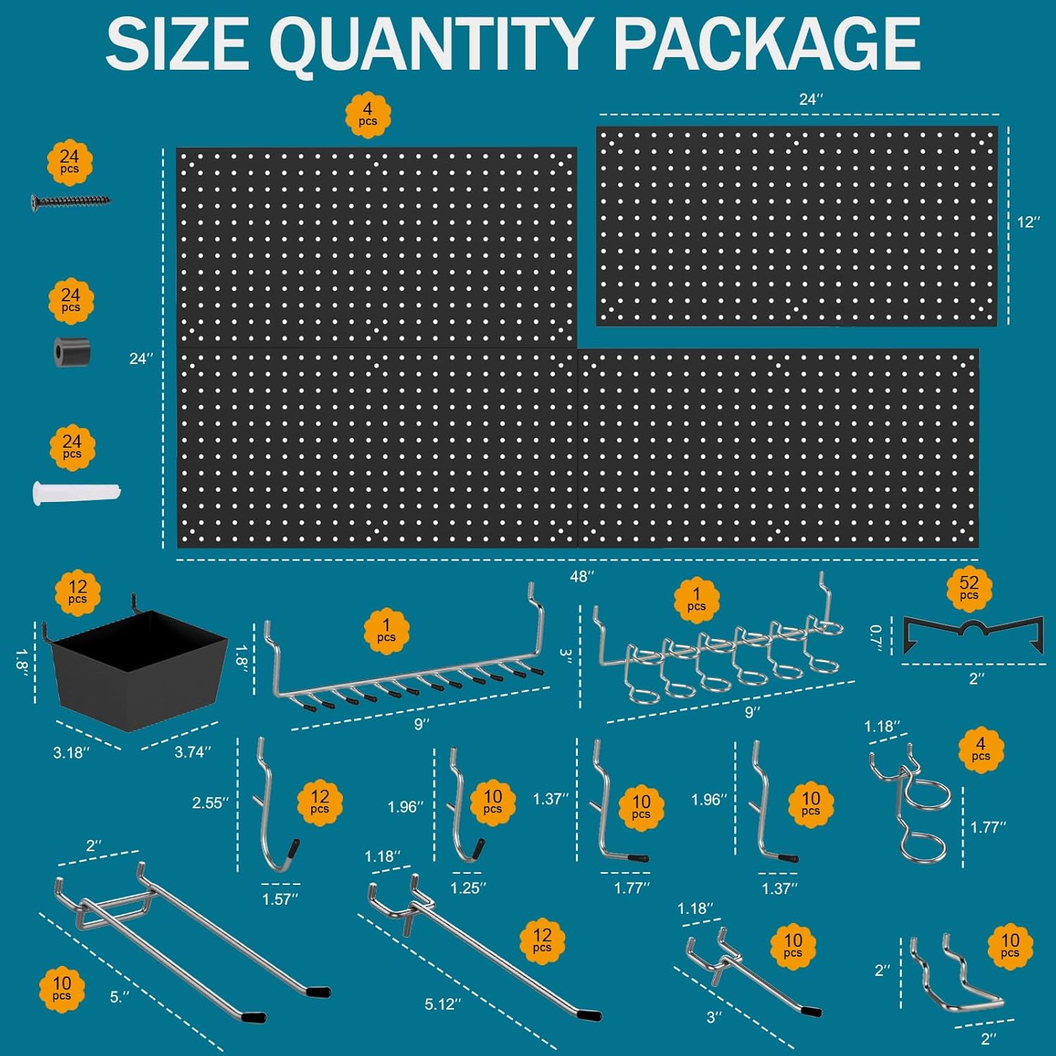 158PCS Metal Pegboard Kit with Hooks for Wall Garage Tools Pegboard Storage System for Garage (Black Box, 4-12X24)
