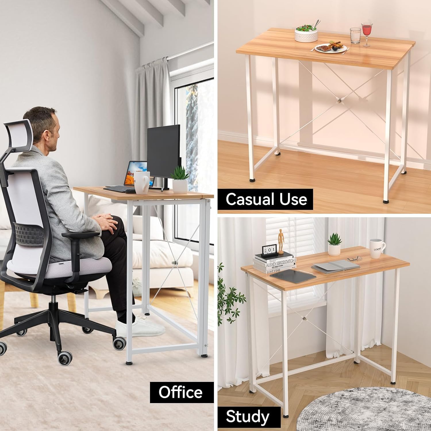 Scrivania Pieghevole Salvaspazio, 80x45.5x74 cm, Scrivania Computer, Scrivania Richiudibile, Struttura in Metallo, Moderna e Semplice per ufficio, Studio, Camera da Letto