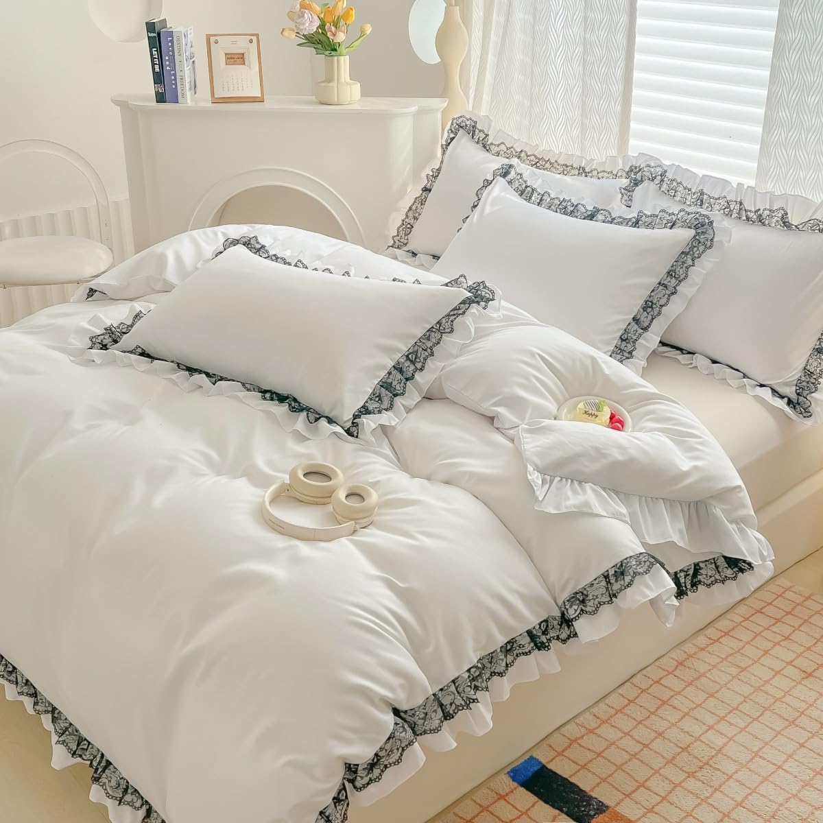 IHOUSTRIY Lace Ruffled Duvet Cover Twin Size, Cute Girls Bedding Set Set with Zipper, 2 Pieces Chic Comforter Cover Set with Black Ruffle - White, Twin