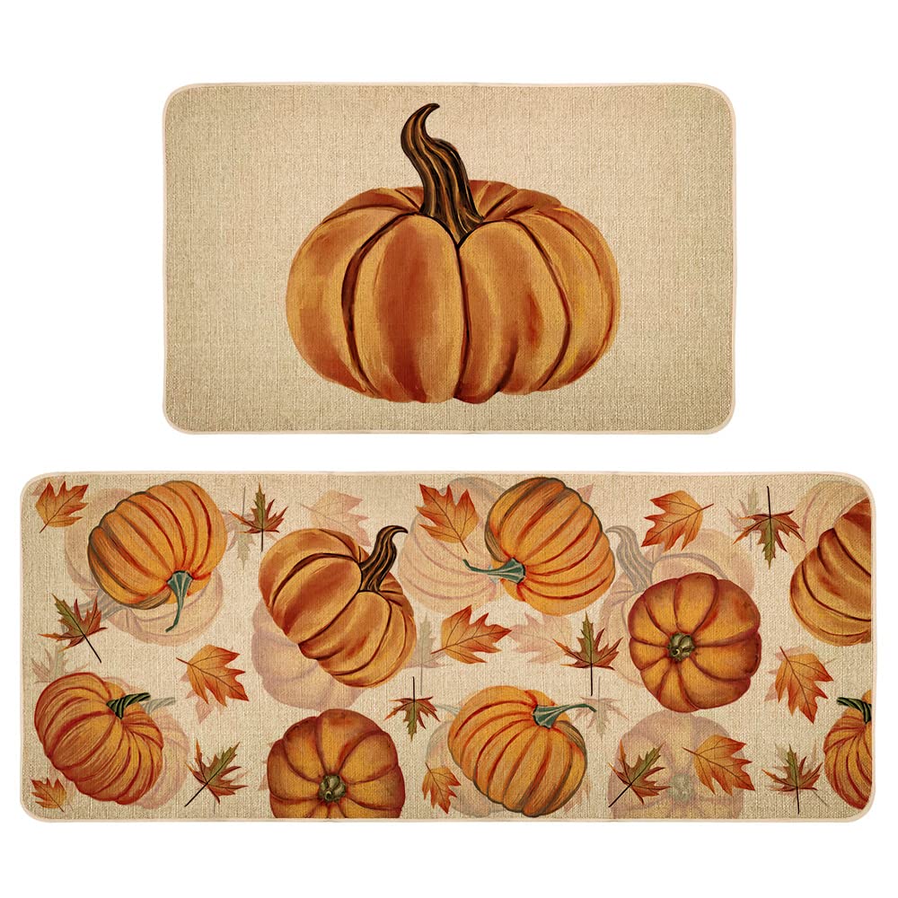 Fall Pumpkin Kitchen Mats Set of 2, Autumn Kitchen Rugs, Non-Slip Absorbent Door Mats, Seasonal Thanksgiving Home Decor Kitchen Floor Mat 17x29 and 17x47 Inch DM087