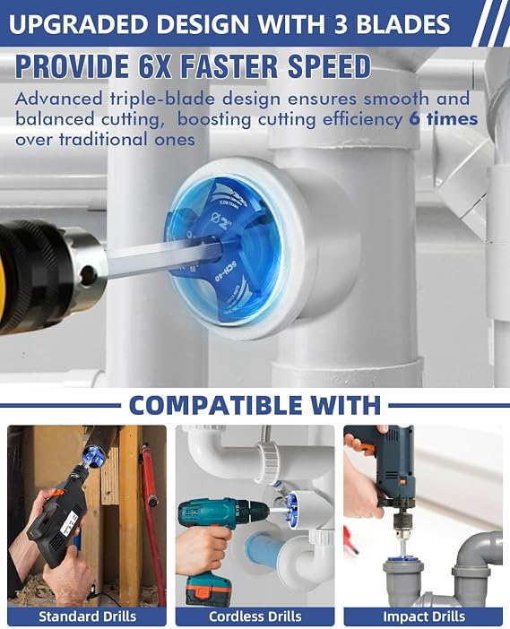ERAYCO 4PCS Triple Blade PVC Pipe Reamer Kit, Plastic Pipe Fitting Reamer Tool for Plumbing, 3 Blades PVC Fitting Saver for SCH40, ABS, CPVC Pipe (1-1/2, 2, 3, 4)