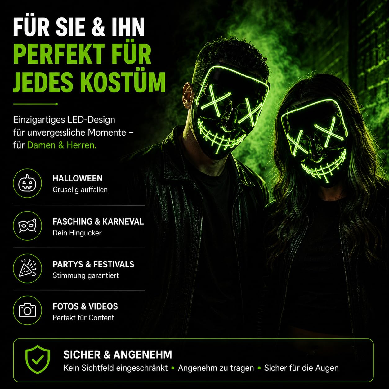 LED Purge Maske grün - Kostümmaske steuerbar für Halloween, Fasching & Karneval als Kostüm für Herren & Damen (Farbauswahl) (grün) – Ansicht 6