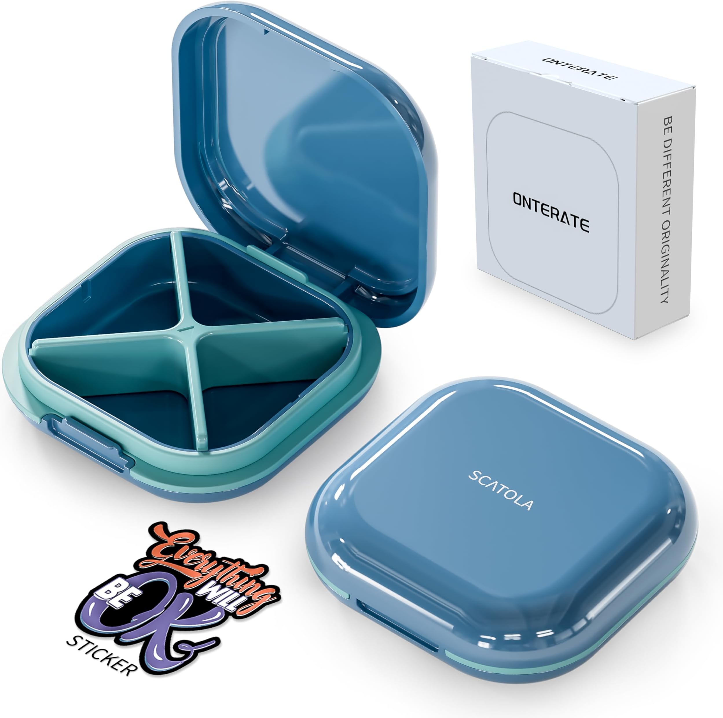 ONTERATE Small Pill Case, Travel Pill Box, Portable Pill Organizer, Pill Container for Pocket 4 Compartments, Daily Compact Travel Medicine Holder for Vitamins Medication (Blue)