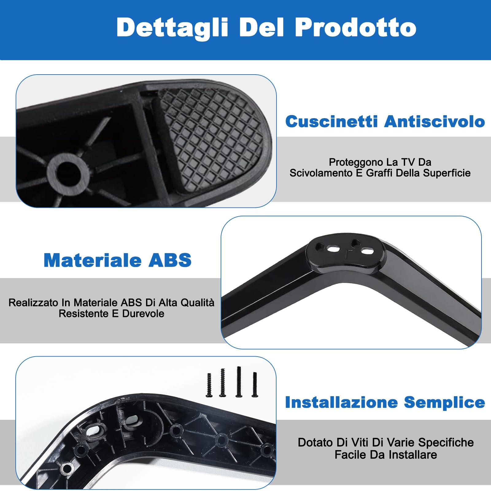 Piedini Supporto TV Universali Nero 20-65 Pollici Regolabile in Altezza ABS Base Antiscivolo 2 Pezzi