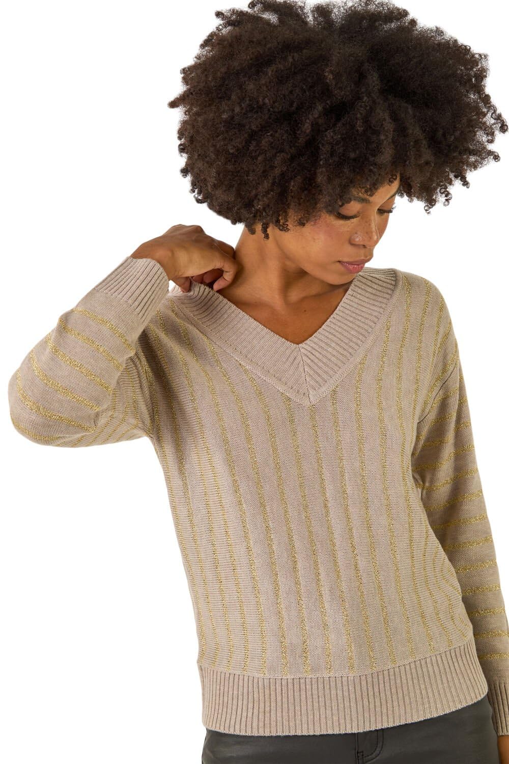 Roman Originals Metallic Stripe Knit Jumper for Women UK - Ladies Everyday Autumn Winter V-Neckline Comfy Soft Evening Vacation Work Party Night Out - Stone - Size 12