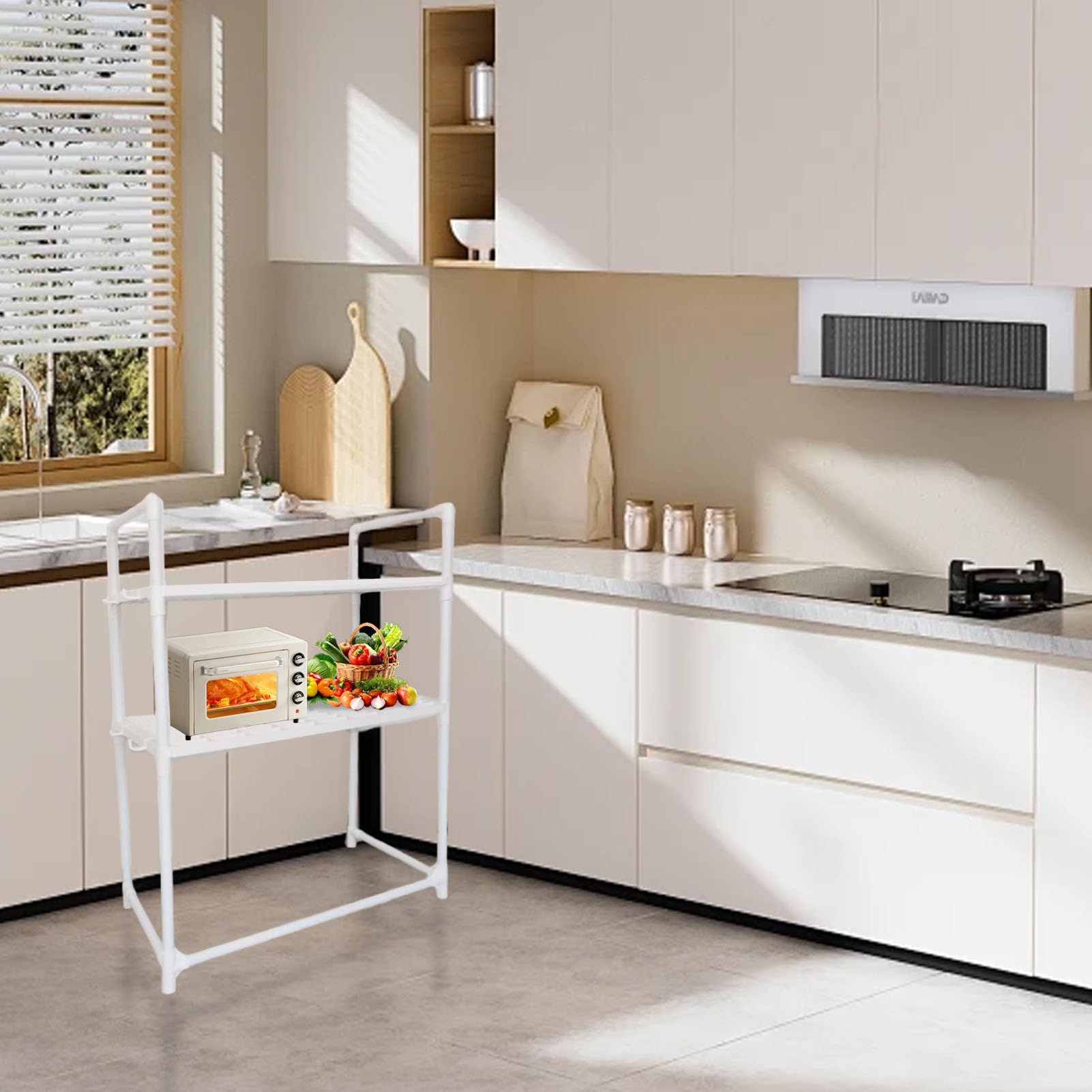 Rejilla para Horno Microondas, Soporte de Almacenamiento de Cocina Multiusos Fuerte con Ganchos para el Hogar, Acero Al Carbono, Blanco, 2 Niveles, 73x50,5x27cm