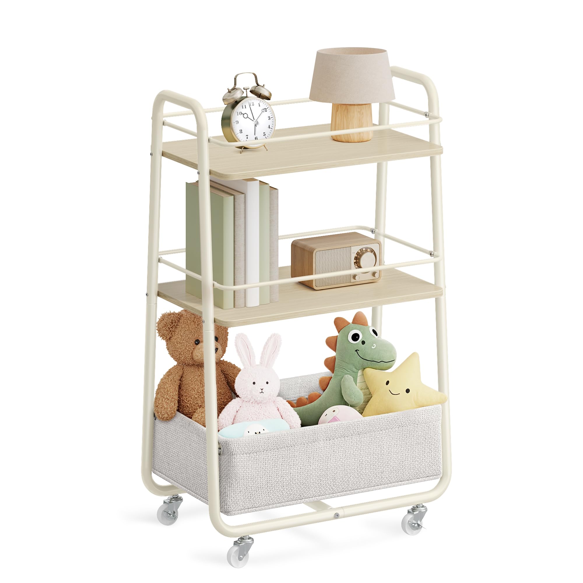 VASAGLE LILEA Kollektion - Rollwagen mit Korb aus Stoff, 3 Ebenen, Servierwagen mit Rollen, Ablagen, Küchenwagen, für Wohnzimmer, Schlafzimmer, Küche, naturbeige-cremeweiß LRC001LL02