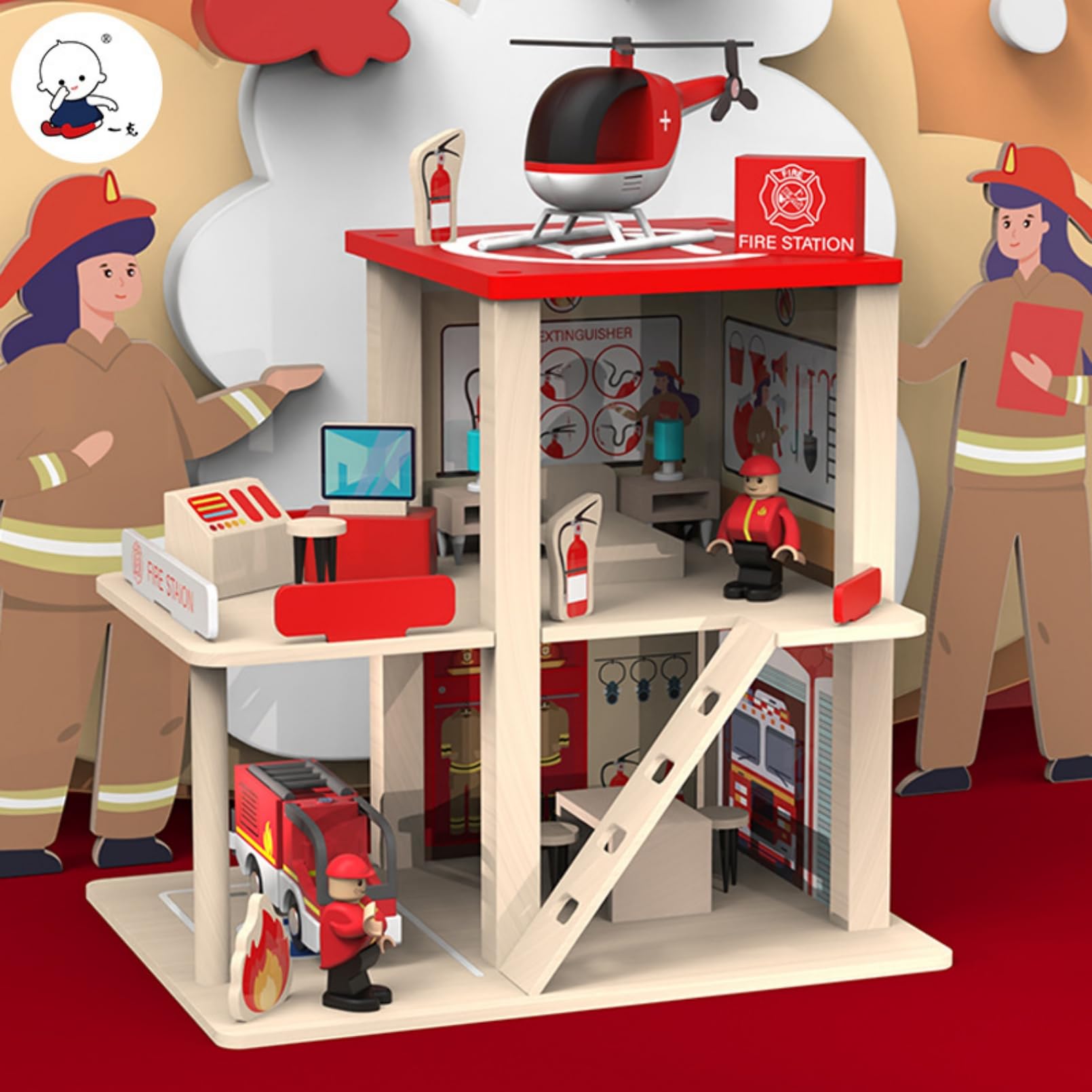 AM ANNA Fire Station Playset, Wooden Dollhouse Kid’s Toy, Stimulates Key Motor Skills And Promotes Team Play,Wooden Fire Station Play Role for Kids Boys Girls,Matchbox Cars Playsets