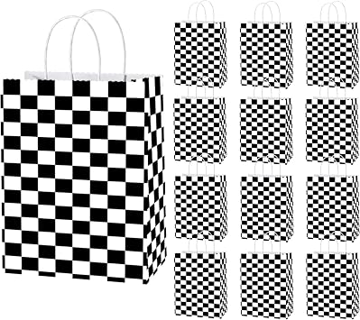 Keioy 16 Pack Checkered Racing Treat Bags, Black & White Race Car Favor Goodie Bags with Handle for Monster Truck Cars Decorations