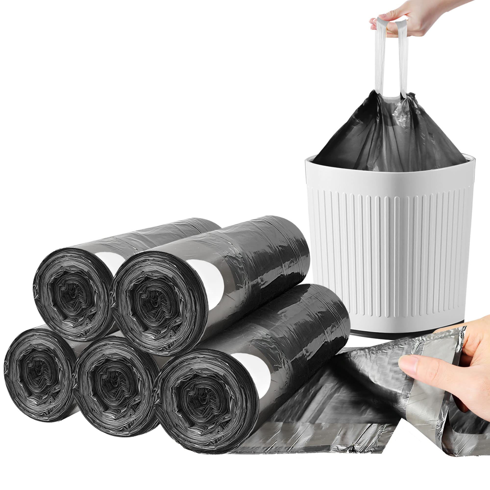 Small Trash Bags Drawstring 120 Count, JUKFITA Extra Strong 4 Gallon Garbage Bags, Unscented Trash Can Liners fit Bathroom Kitchen Office, Dark Black