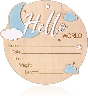 Baby Announcement Sign, 15cm/5.91in Wooden Hello World Newborn Welcome Sign Birth Baby Name Plaques for Hospital Nursery & Child Room