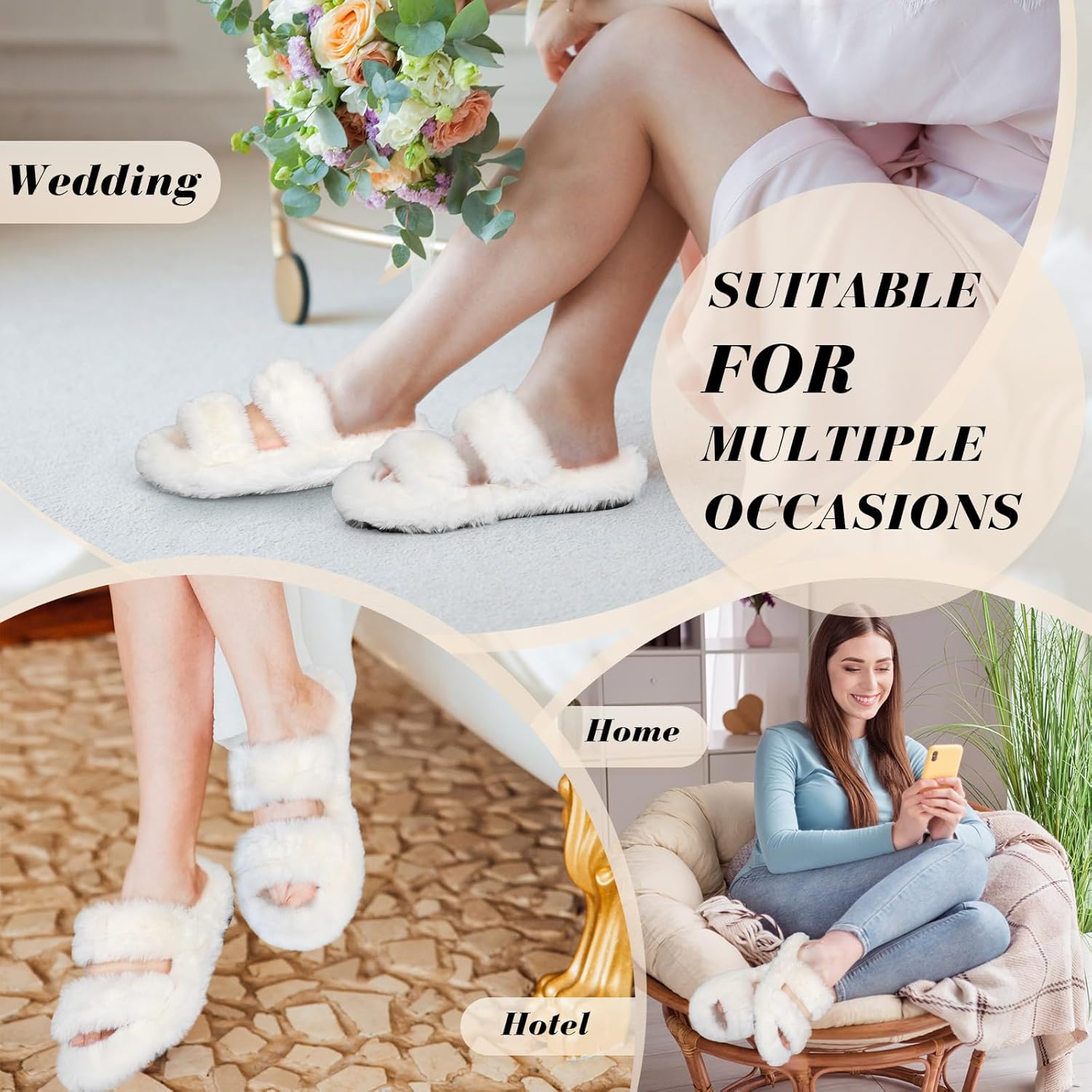 Toulite Bridesmaid Slippers Set of 6 White Fuzzy Slippers for Women Bulk Fluffy Furry Open Toe Soft House Shoes
