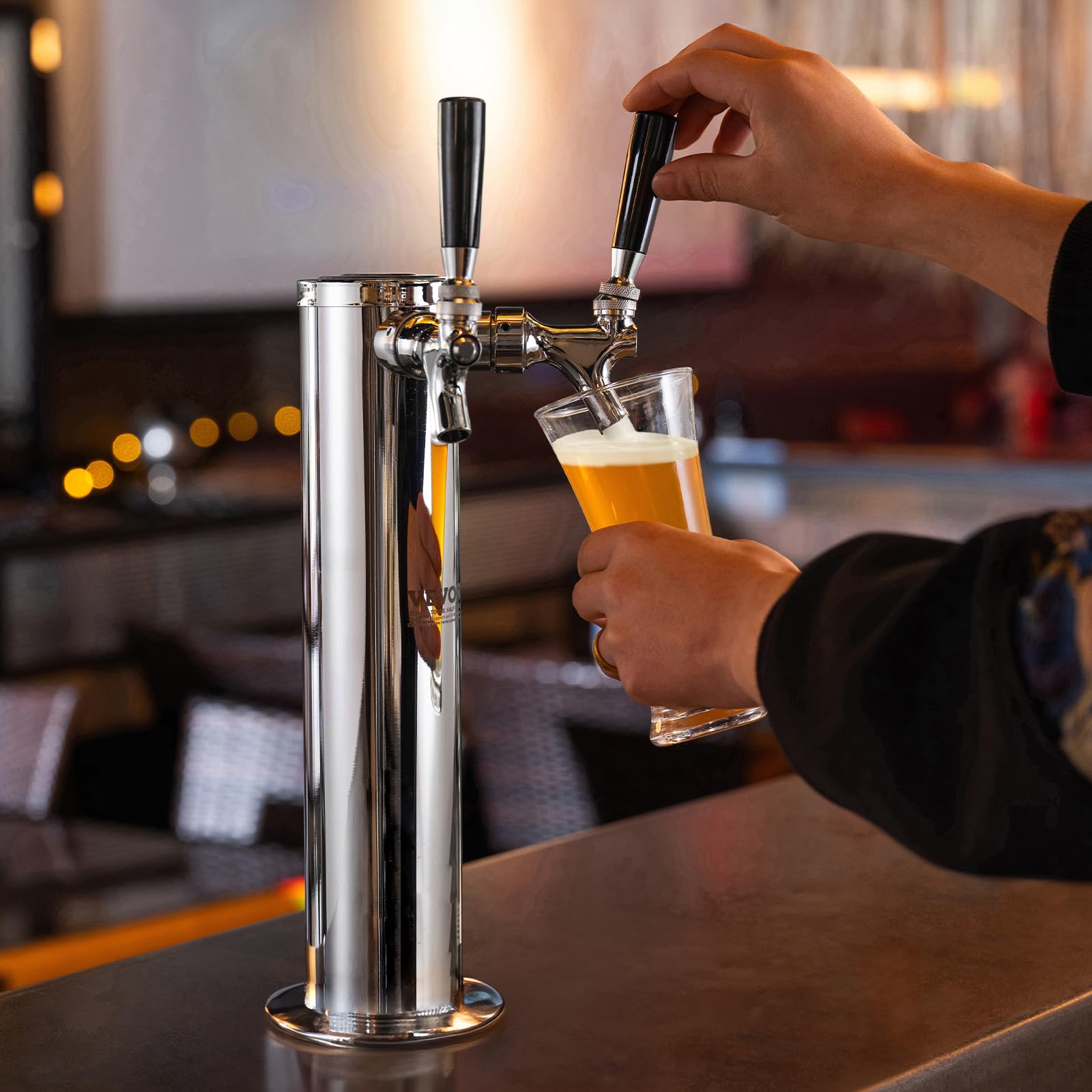 VEVOR Kegerator zestaw do konwersji piwa z dwoma kranami, dozownik wieży piwa ze stali nierdzewnej z podwójnym urządzeniem pomiarowym W21.8 i sprzęgłem beczkowym systemu A, tacka na imprezy w domu