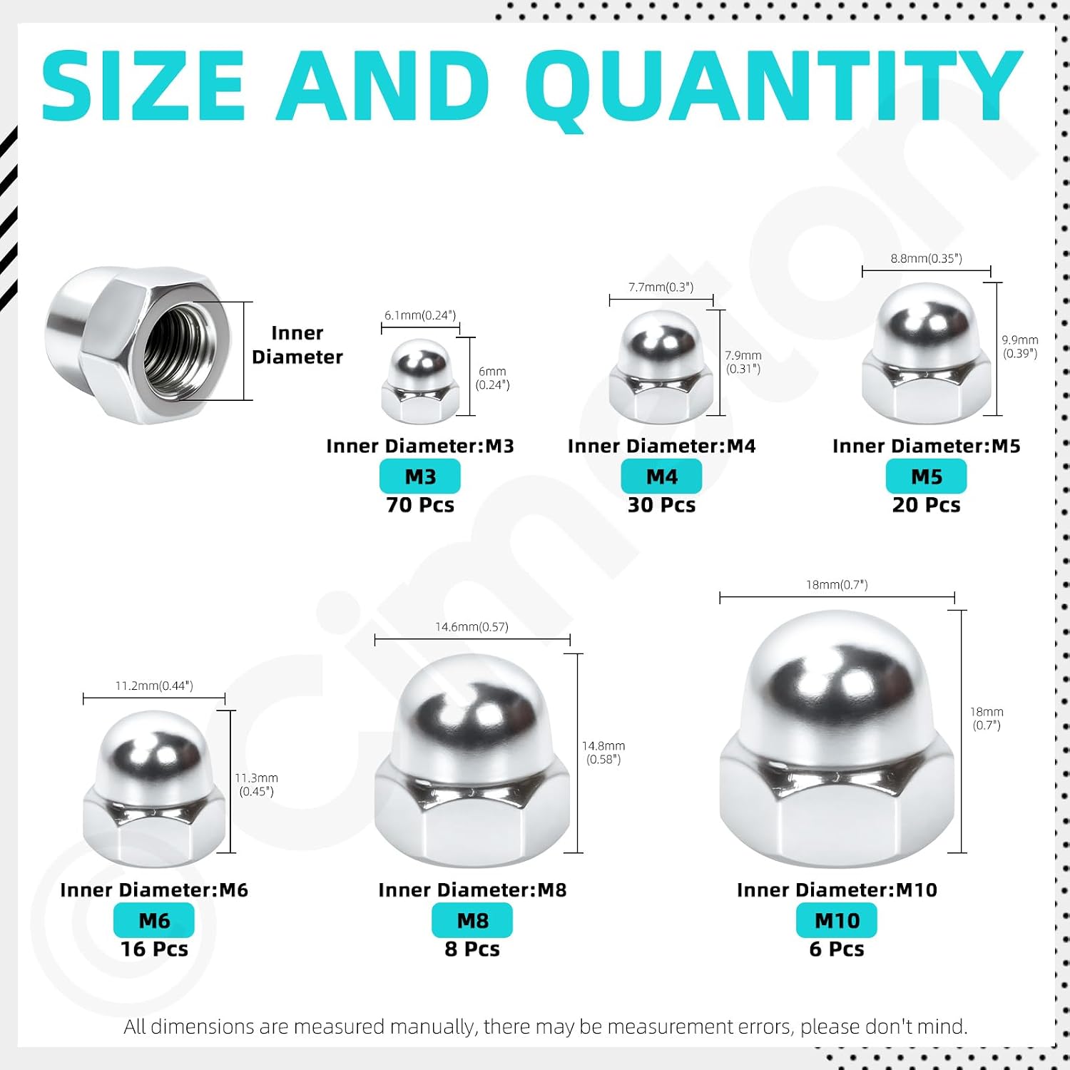 Acorn Cap Nuts Hex Dome Cap Assortment Kit for Bolt Dome Head Hex Nuts (Nickel-Plated Carbon Steel)