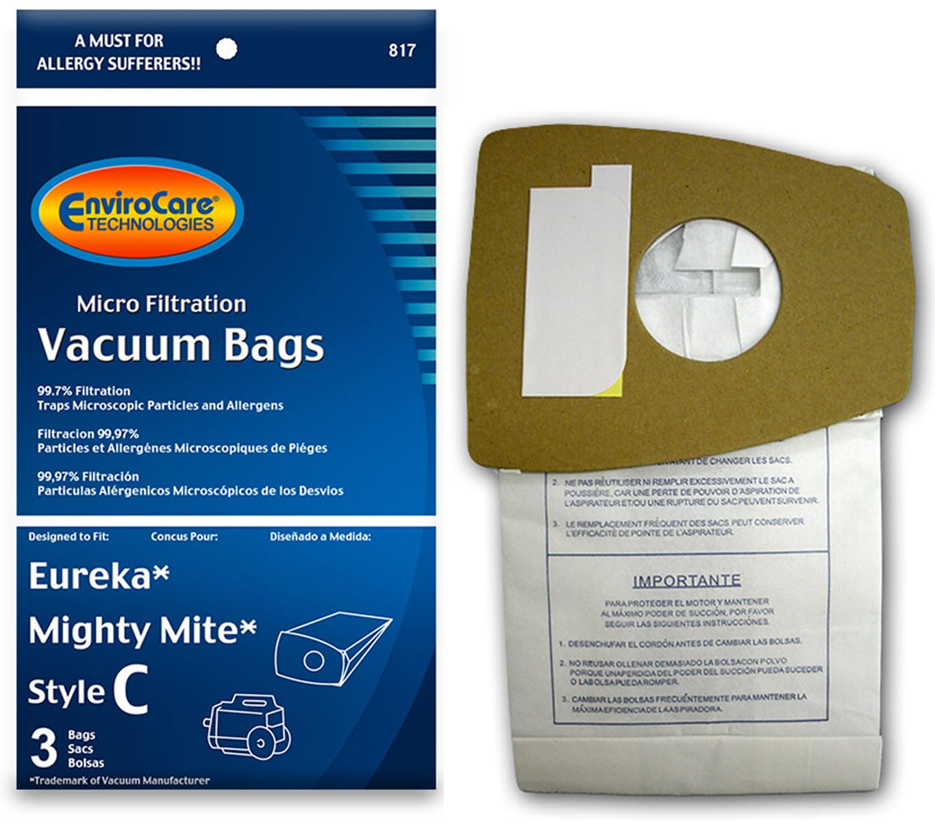 Sacs aspirateur de rechange Eureka Type C EnviroCare micro-filtration boîte x3