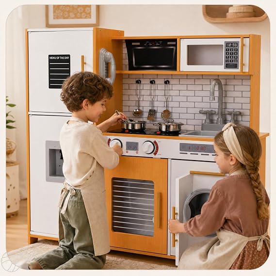 MAMIZO Kids Play Kitchen, Wooden Pretend Cooking Toy w/Washing Machine