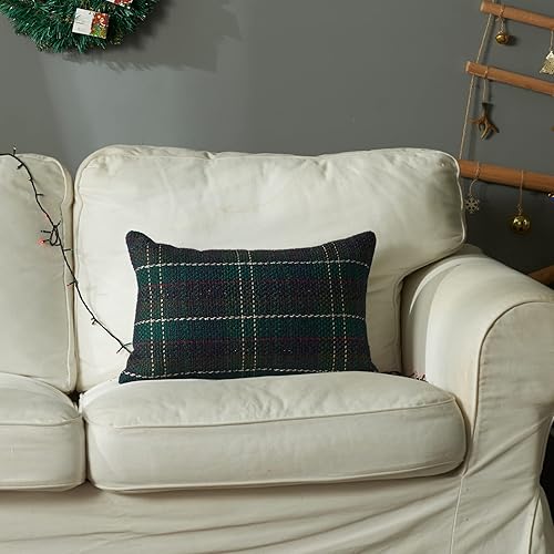 Miniatura 2 de Juego de 2 fundas de almohada a cuadros verdes de 12 x 20 pulgadas, fundas de almohada de tartán de punto para invierno, Navidad, fundas de cojín