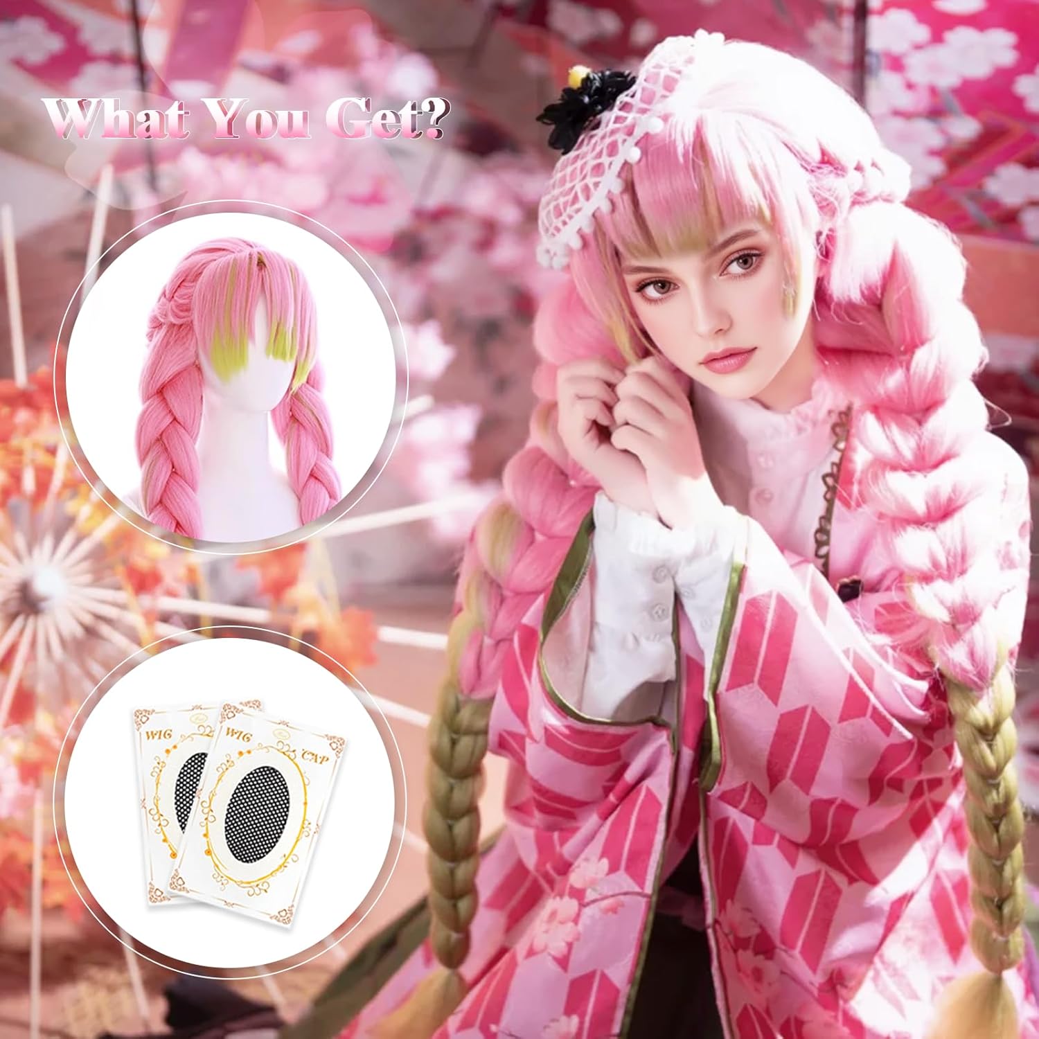 Cute Halloween Anime Pink and Green Cosplay Wig, 2 Hair Caps + Wig, Synthetic Braided Hair with Pigtails for Parties and Cosplay Events for Women and Teen Girls - Image 7