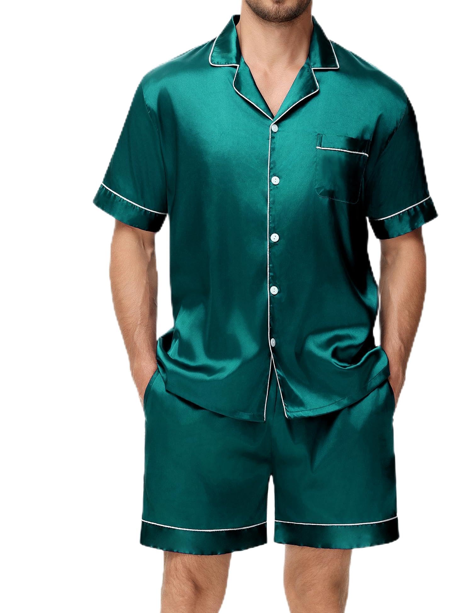 Mens Silk Satin Pajamas Set Short Sleeve Sleepwear Button Down Loungewear Set 2 Pcs Set with Pockets S-XXL