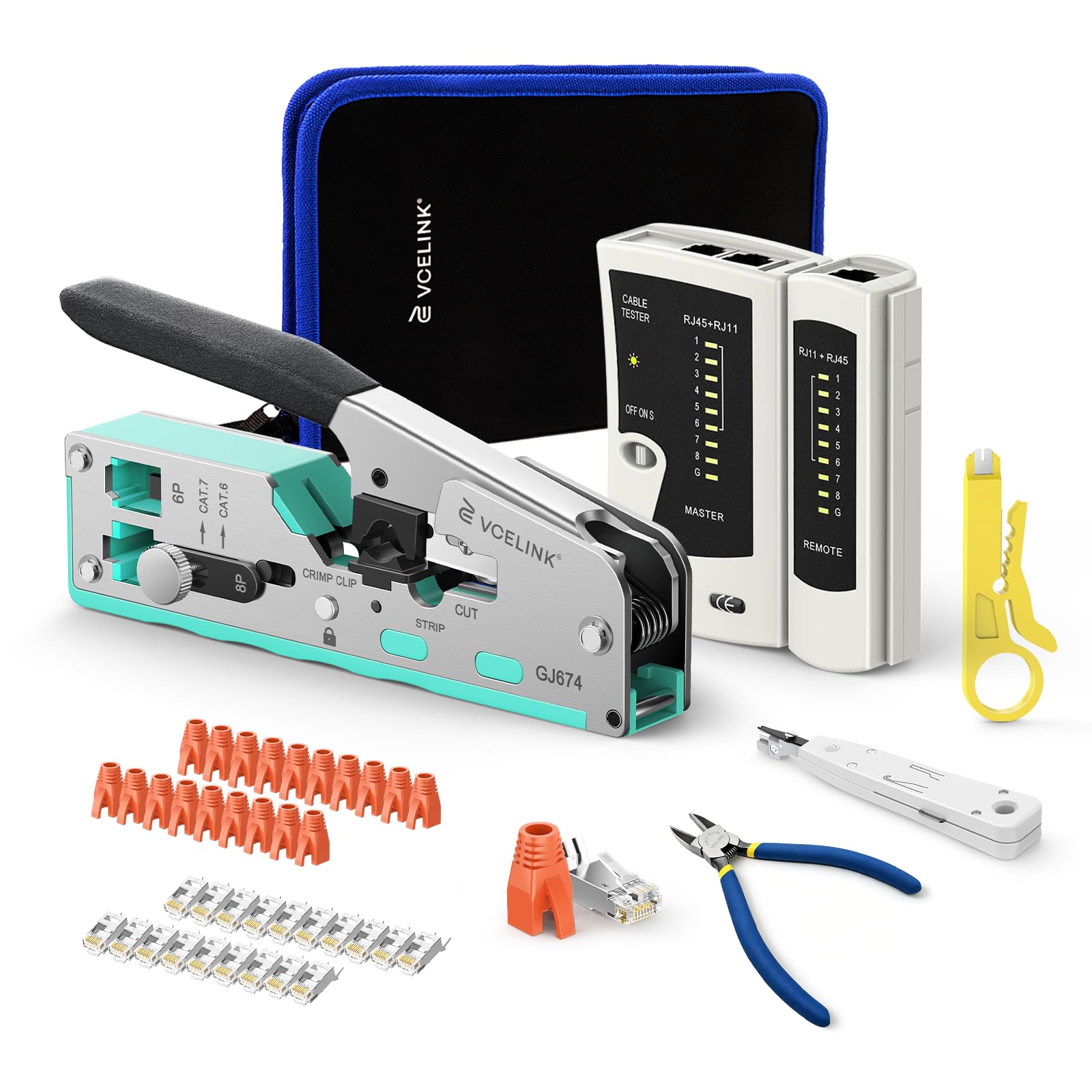 VCELINK Set di Pinze Crimpare RJ45, Kit Crimpatrice Ethernet per Cavo CAT7/CAT6A/CAT6/CAT5E, 20PCS Connettori RJ45 Passante, Tester Lan, Borsa