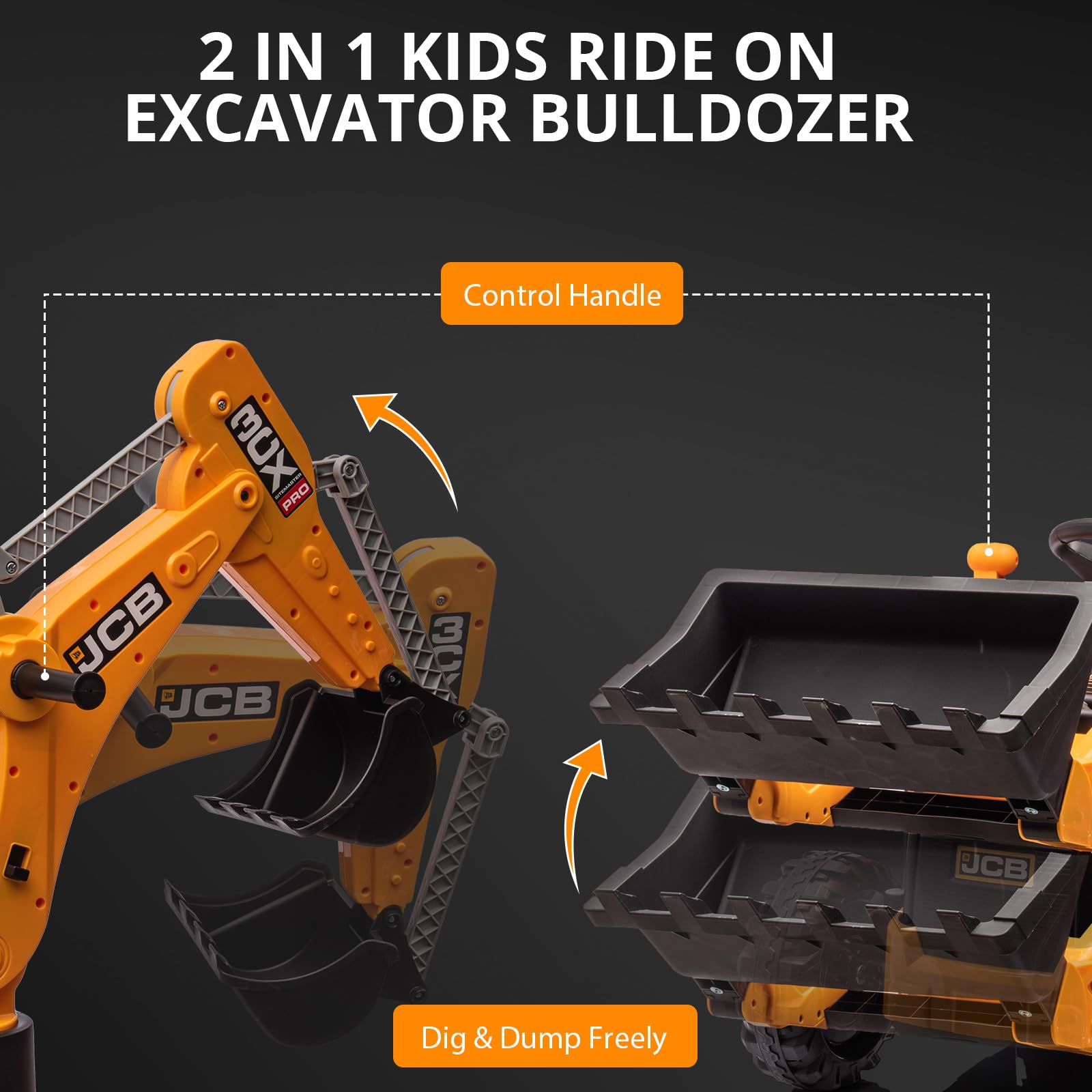 JCB Elektro-Bagger 4 in 1 Für Kinder 12V, Traktor, Bulldozer, Bagger Und Frontlader, Abnehmbares Dach, Hupe, Fernbedienung, Aufsitzspielzeug Für Kinder 3 Bis 8 Jahre