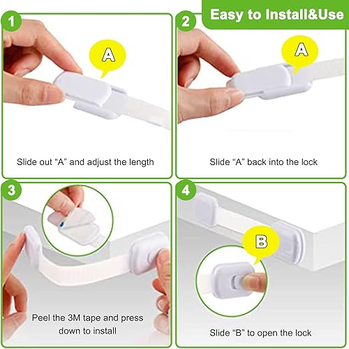 Miniatura 6 de Gabinetes a prueba de bebés pestillos de cajones a prueba de niños con adhesivos extra 3M cierres de correa ajustable cerradura de gabinete de bebé