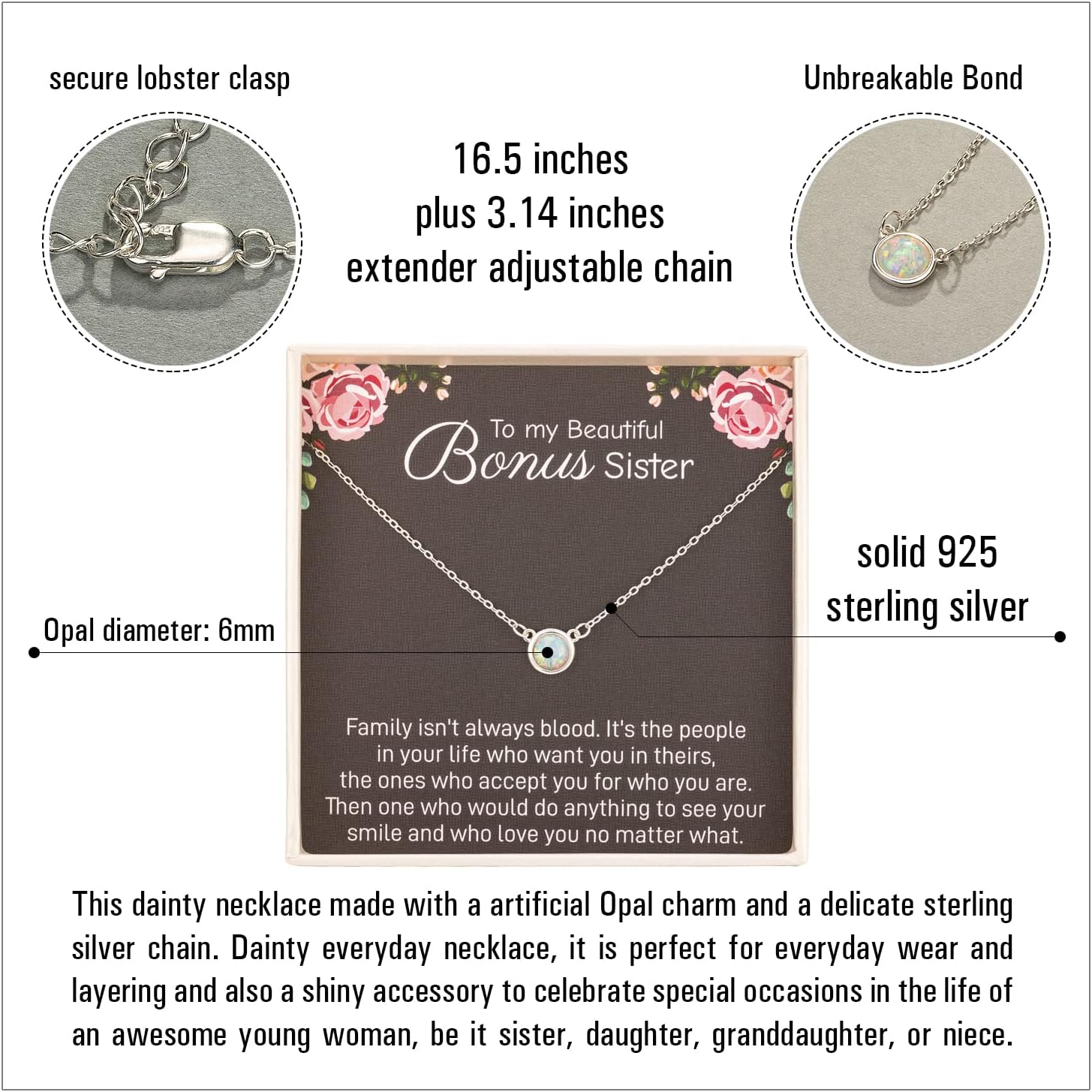 RareLove Sister in Law Christmas Gifts,Gifts for Sister in Law,925 Sterling Silver White Opal Necklace for Unbiological Bonus Sisters Gift,Wedding,Thank You,Bridesmaid,Bridal Shower Gift - Image 3