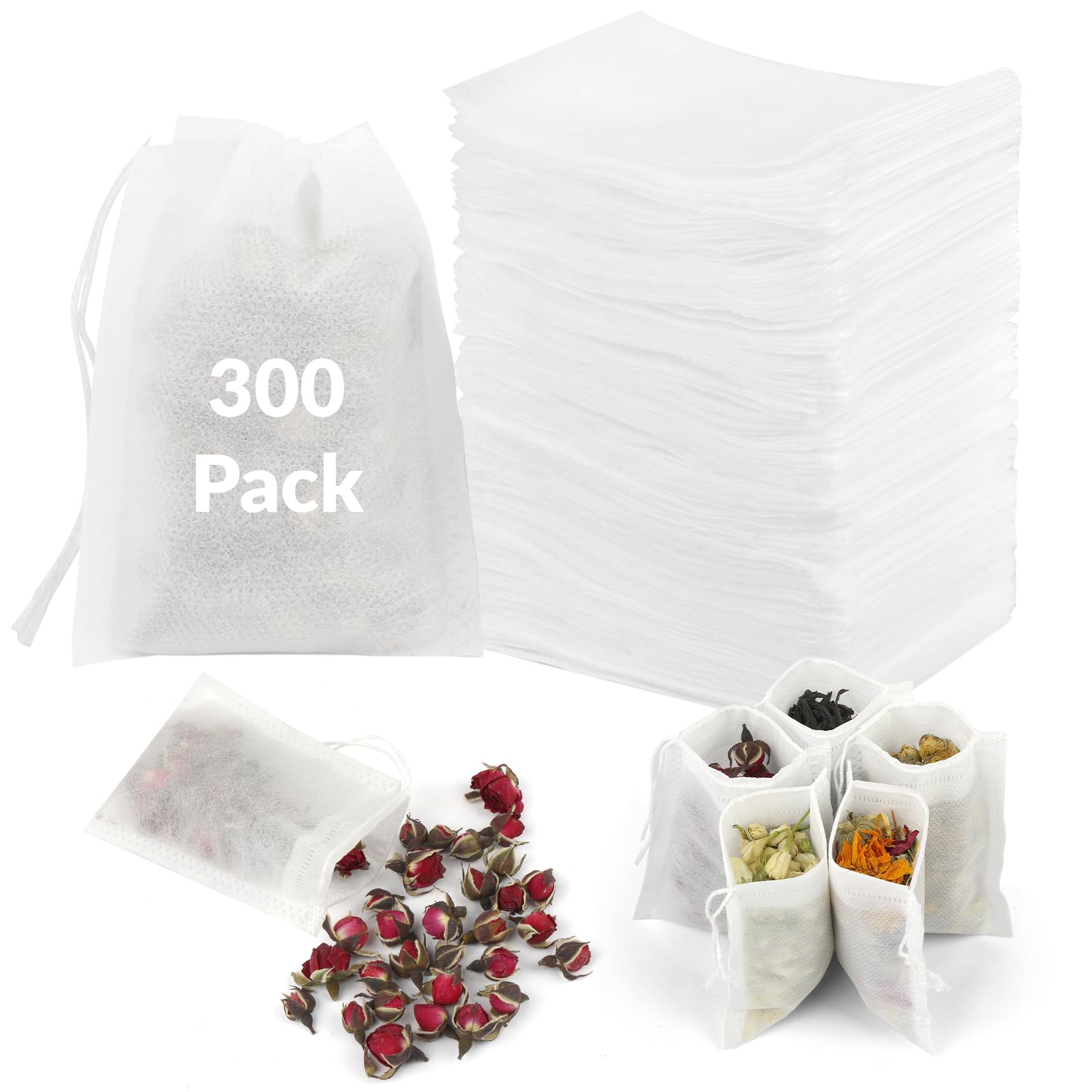 Photo 1 of 300 Pcs Disposable Tea Bags for Loose Leaf Tea, Food-grade Tea Filter Sachets with Drawstring, Empty Tea Infuser Bag for Coffee, Herbs, Spices (3.54" x 2.75")