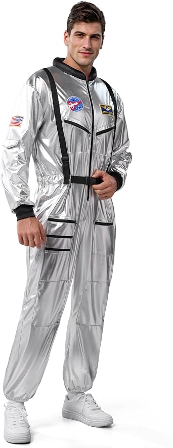 Spooktacular Creations Halloween Astronaut Costume Men, Silver Space Suit Spaceman Jumpsuit Pilot Outfit for Cosplay Parties