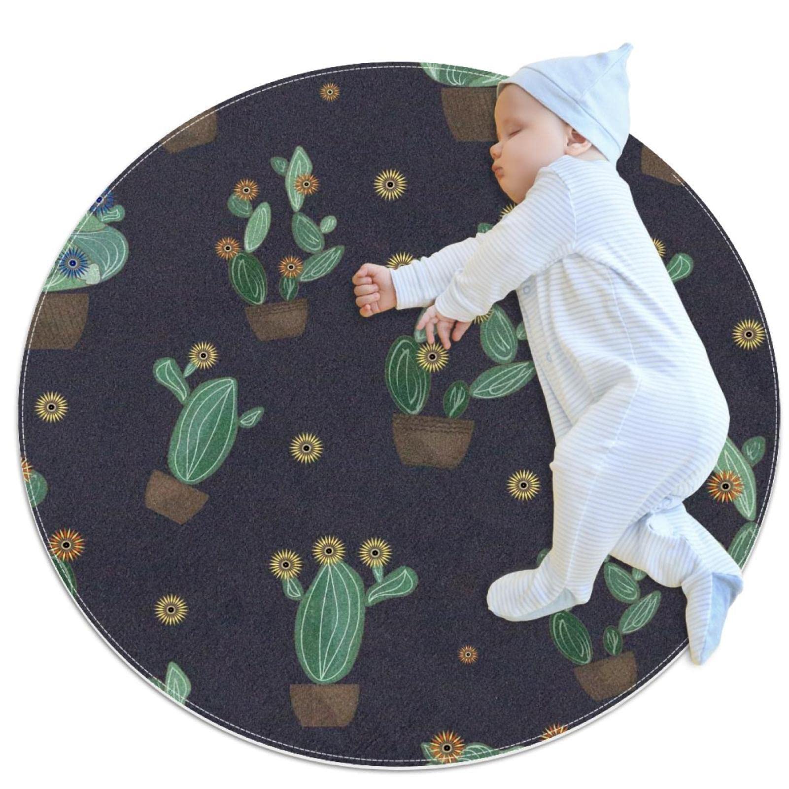 Tapis rond canapé motif cactus 80 cm entrée cuisine sol