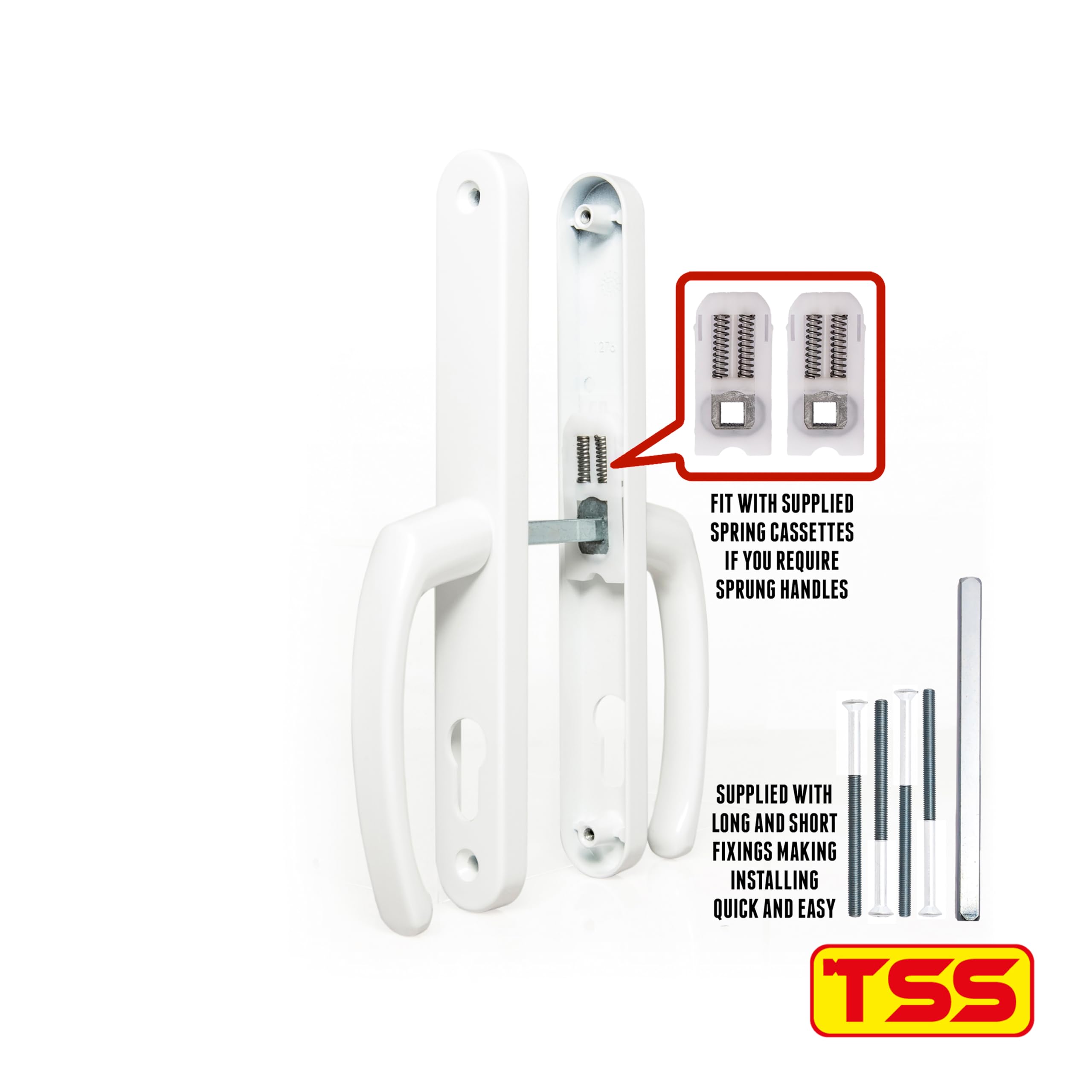 TSS UPVC Door Handles Set Suits Fullex Locks - Lever/Lever - 68mm PZ (Centres) - 215mm Screw to Screw - Backplate 245mm X 34mm - UPVC, Replacement PVC Handles (White) - Image 2
