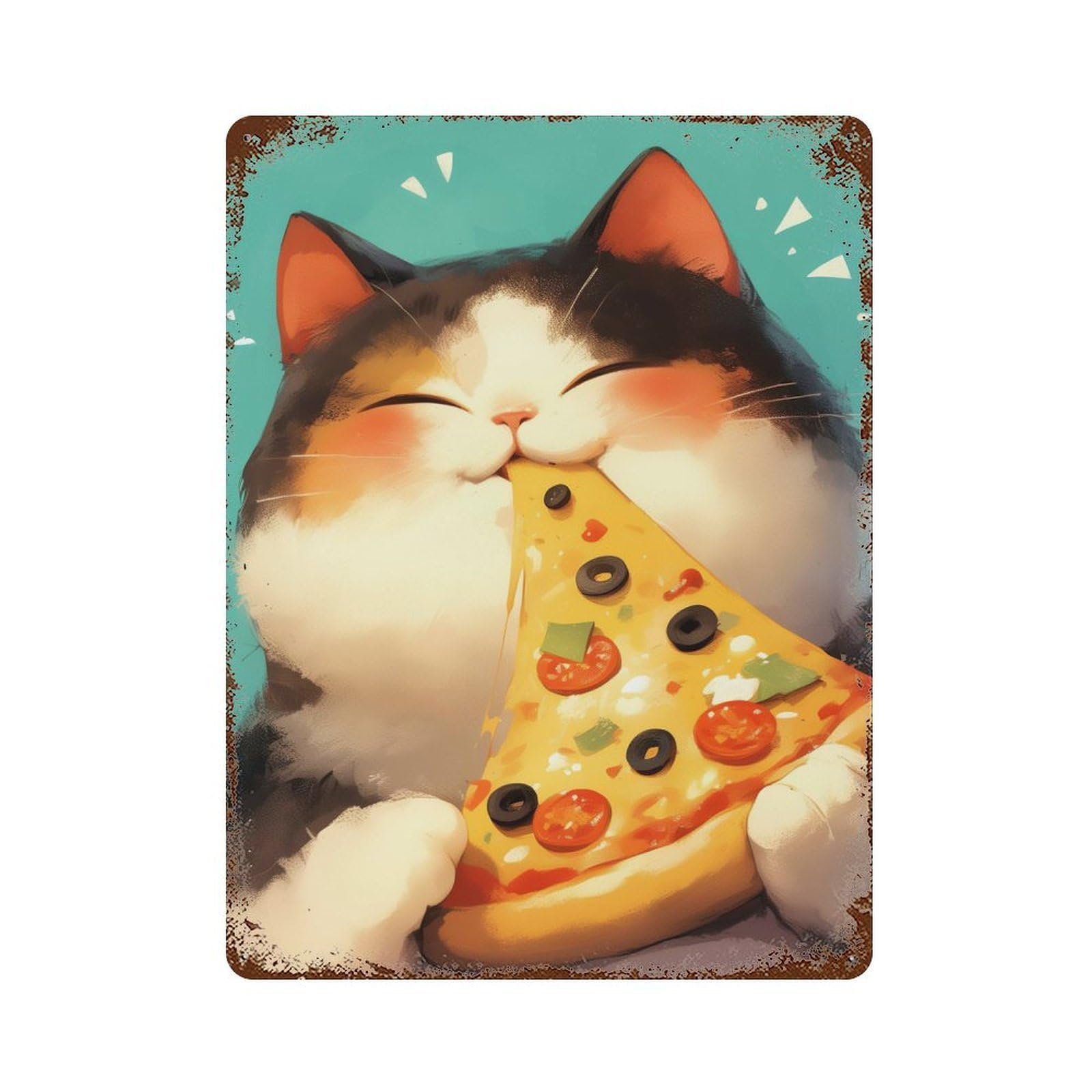 Pizza Loving Calico Cat Rusty Metal Tin Sign 15.7"x11.8", for Living Room, Hallway And Home Decor, Old School Wall Decor