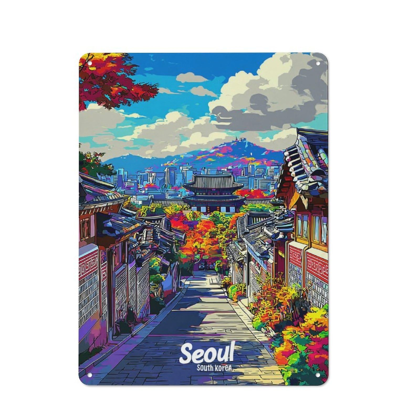 Junmoney Seoul's Vibrant Streetscape Tin Sign 40X30cm With For Café Or Home Bar, Rustic Decor, For Vintage Wall Decor Fans, For Metal Sign Collectors