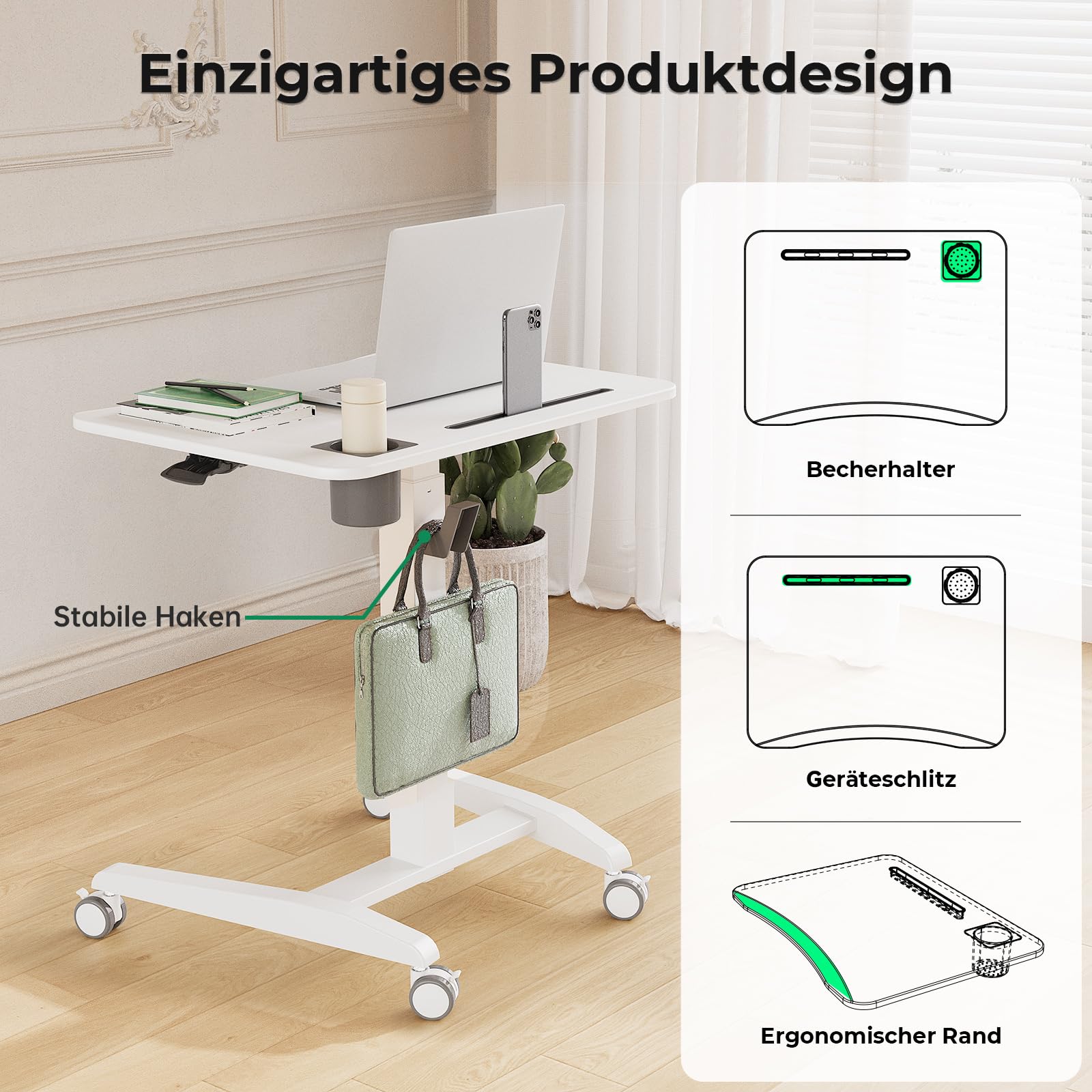 Gibbon Mounts Höhenverstellbar Schreibtisch, Mobiler Laptoptisch mit Rollen | Tragbarer weißer Stehpult 70x52cm mit abgerundeter Tischplatte, Getränkehalter, Schlitz und Haken, 4 feststellbare Lenkrollen