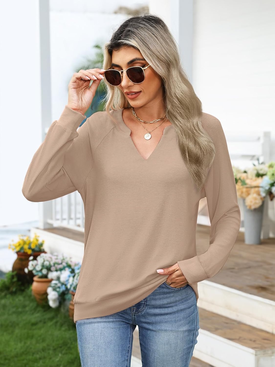 Womens Sweatshirts Long Sleeve V Neck Tops Fall Winter Basic Casual Lightweight Pullover Shirt - Image 2