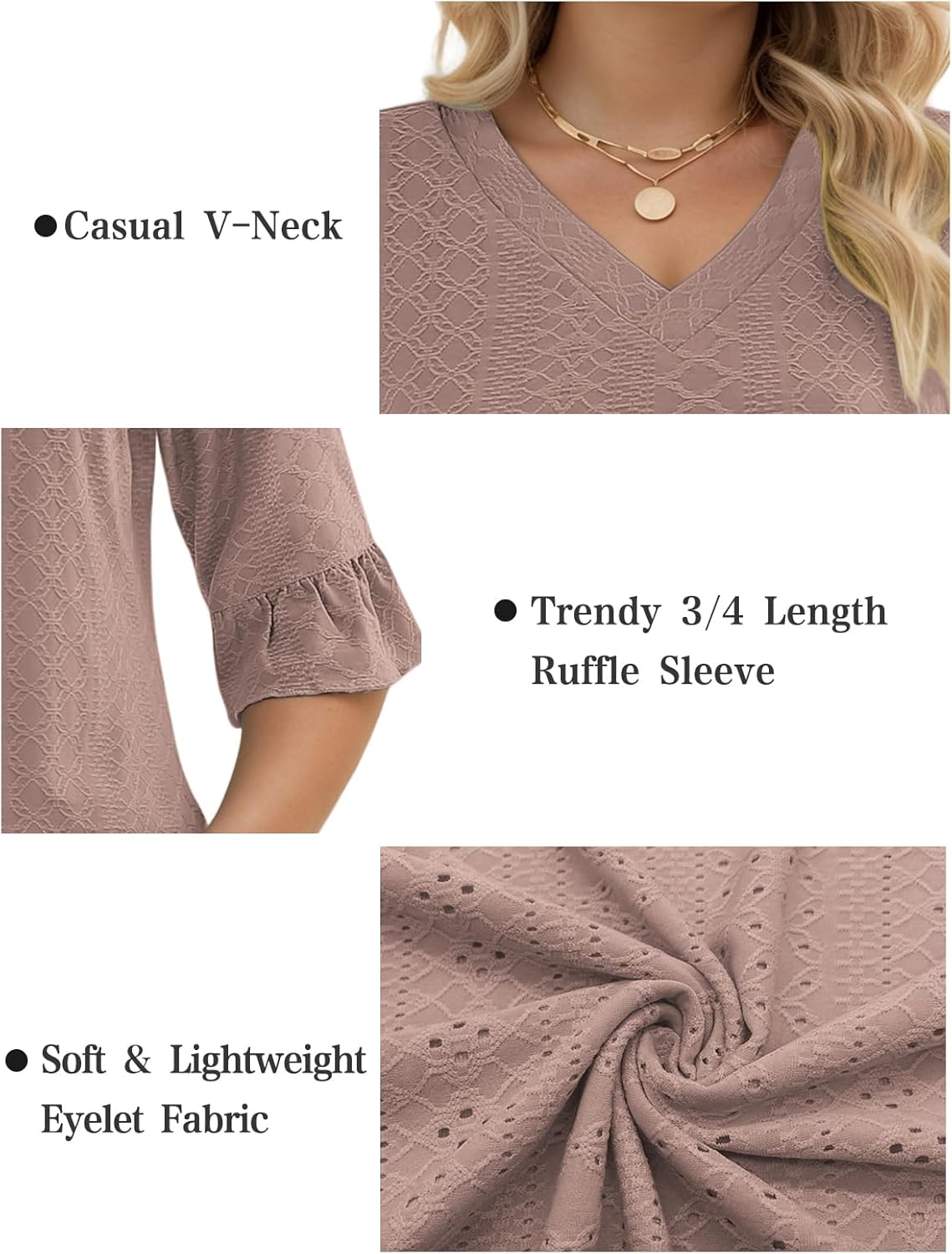 VISLILY Womens-Plus-Size-V-Neck-Tops Dressy 3/4 Length Ruffle Sleeve T Shirts Trendy Eyelet Blouses Casual Loose Tunics 1X-5X - Image 4