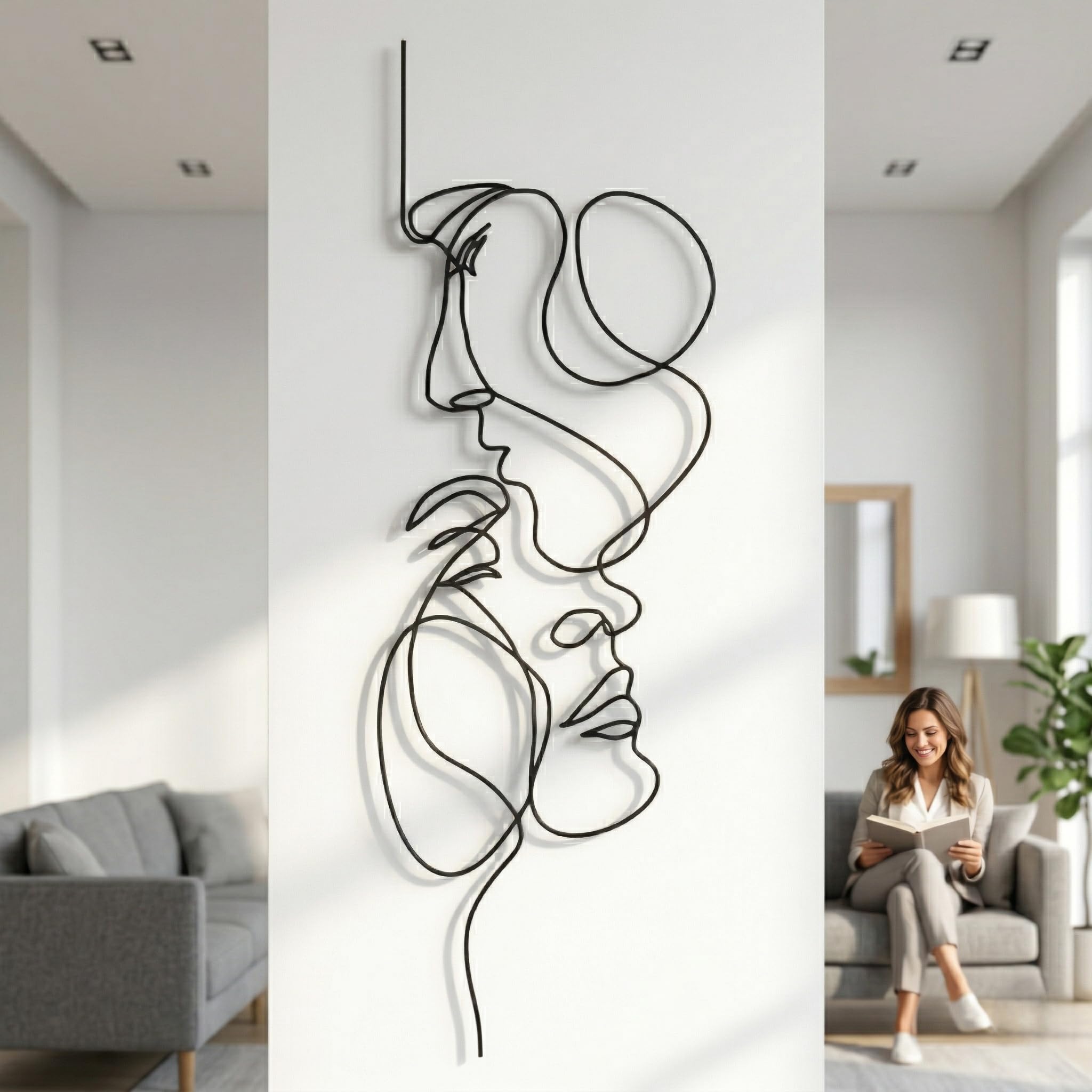 Linea dell’amore arte murale, arte murale in metallo, 2 volti, arte minimalista, arte geometrica, idea regalo innamorati (25 x 75 cm)
