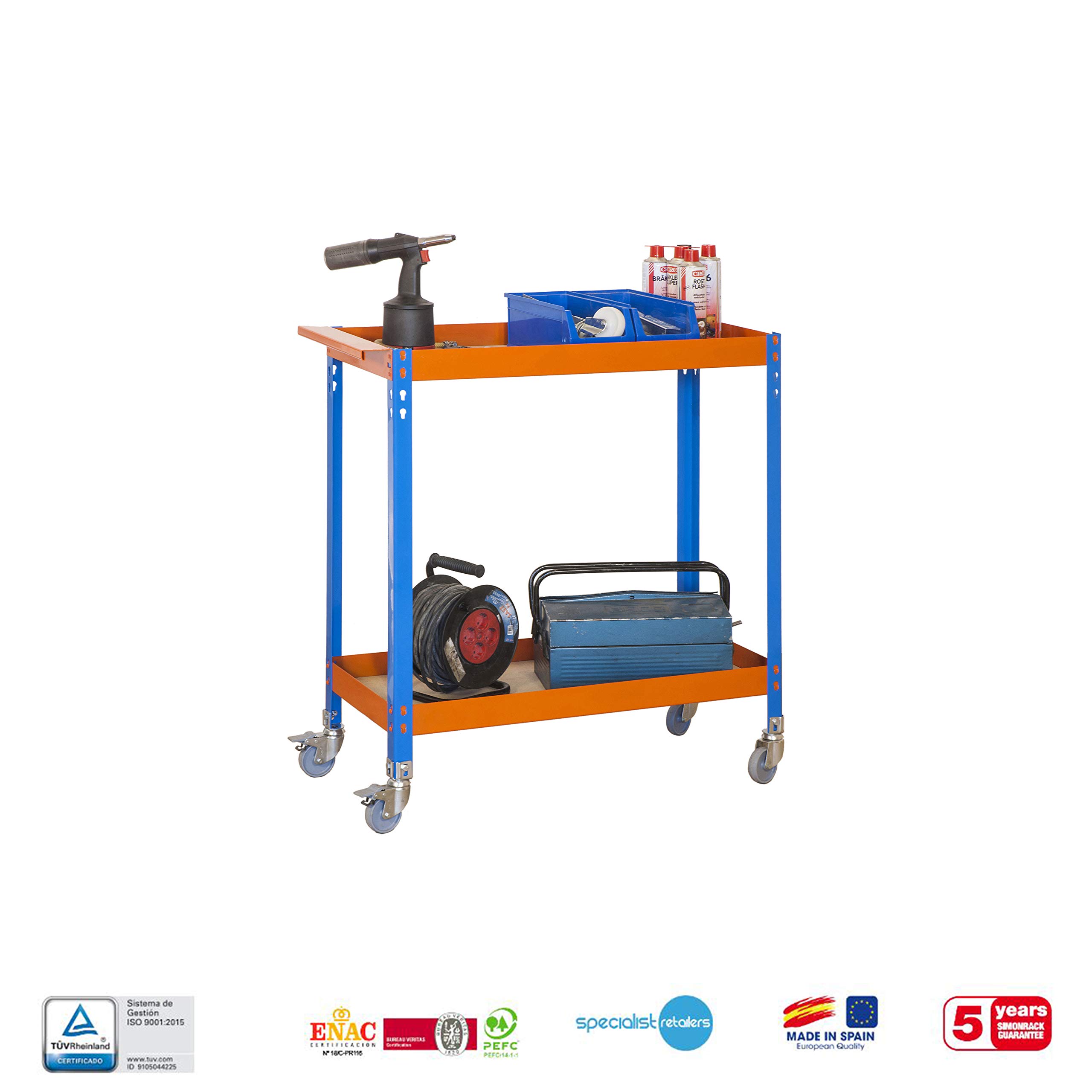 Simon Rack Carro Herramentas Taller, Banco Trabajo, Capacidad Carga 75 kg, 1030x900x400 mm, Azul/Naranja/Madera - WAGON