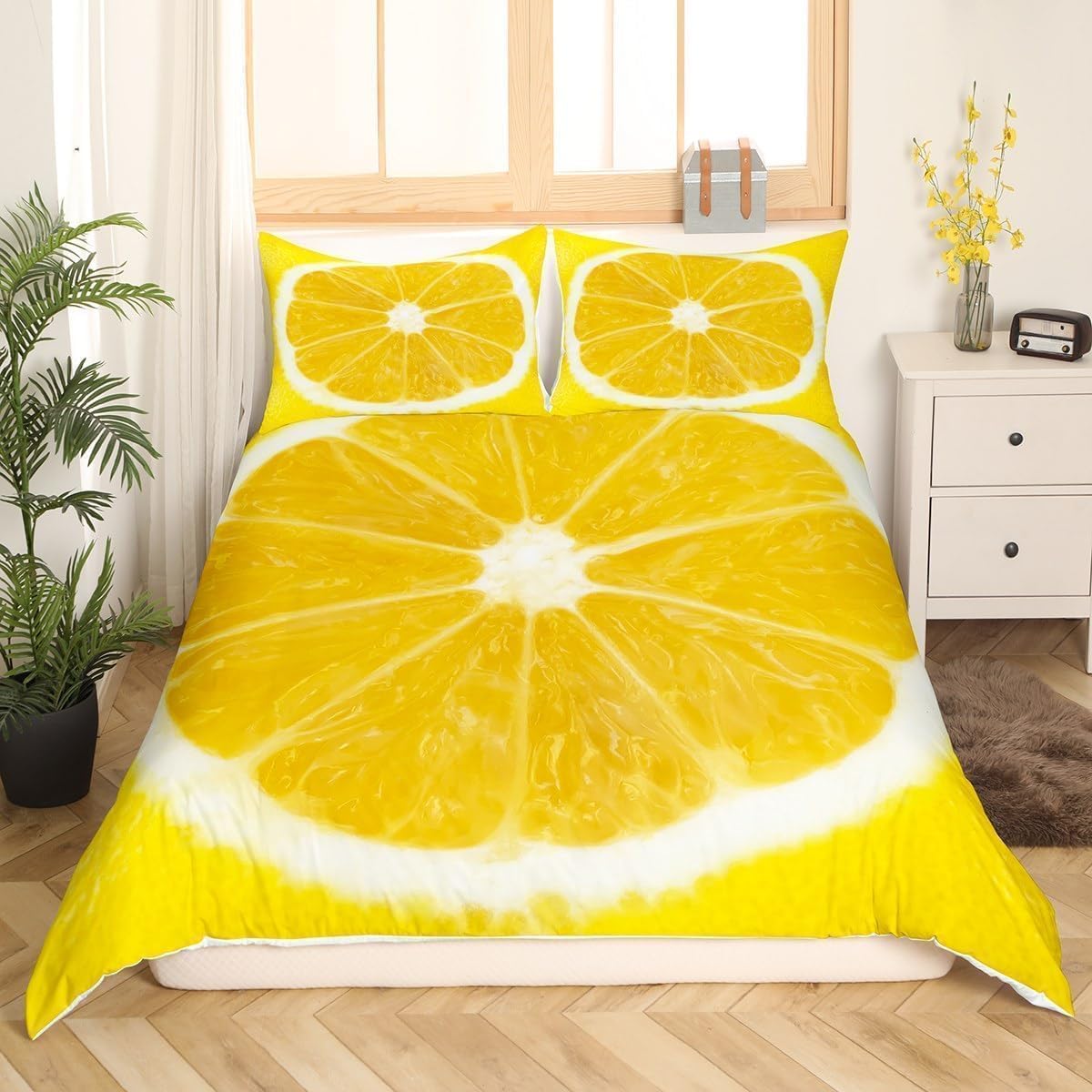 Podwójna poszwa na kołdrę 260 x 240 cm plastry pomarańczy zestaw pościeli z nadrukiem 3D żółty pokrowiec na kołdrę z miękkiej mikrofibry poszewka na kołdrę z zamkami błyskawicznymi i 2 poszewkami na
