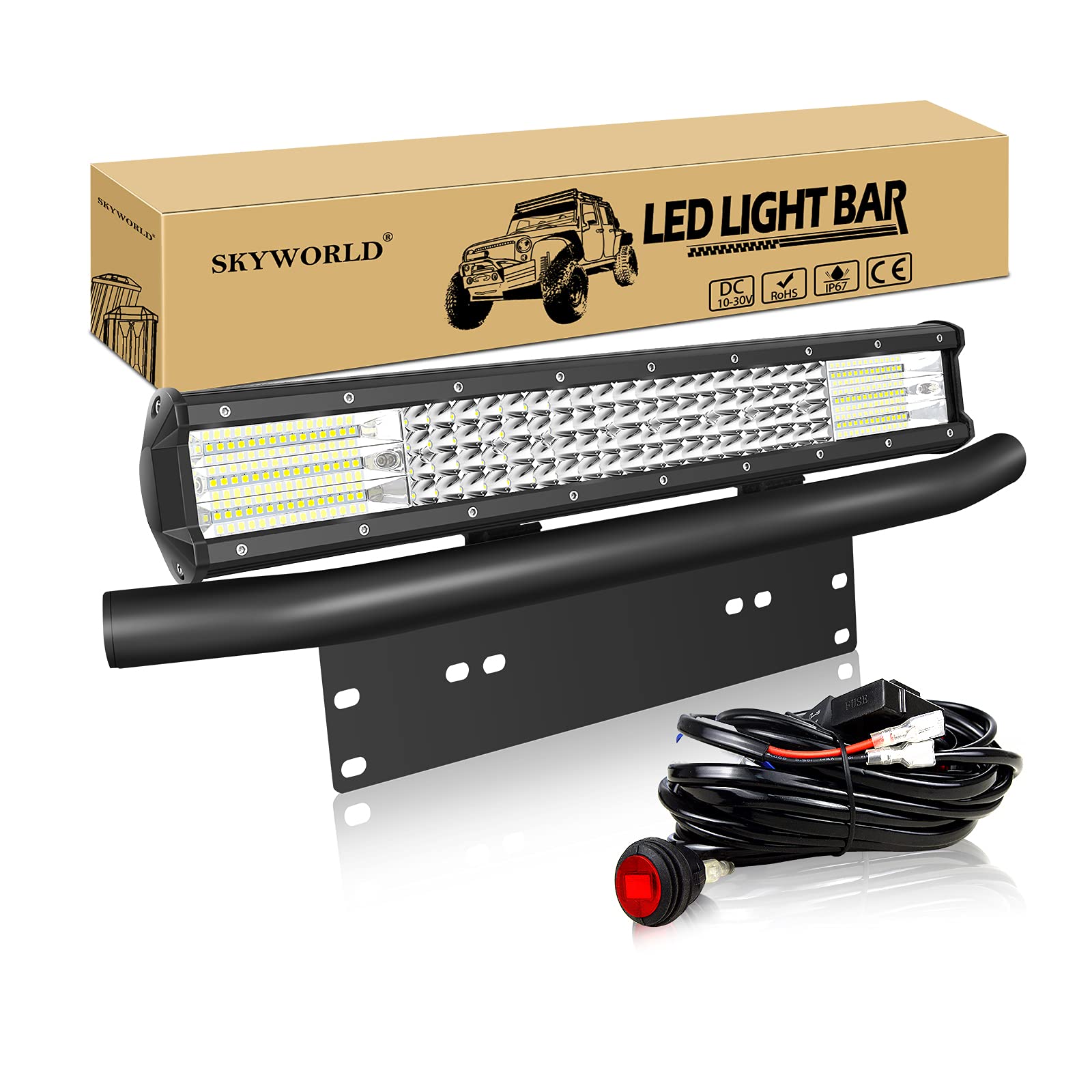 SKYWORLD 50CM 510W Led Light Barre avec Support de Plaque, 12V Câblage Kit | Straight Led Light Bar, Support de Plaque d'immatriculation et Câblage pour 4x4 Offroad Véhicules Voiture Camion SUV