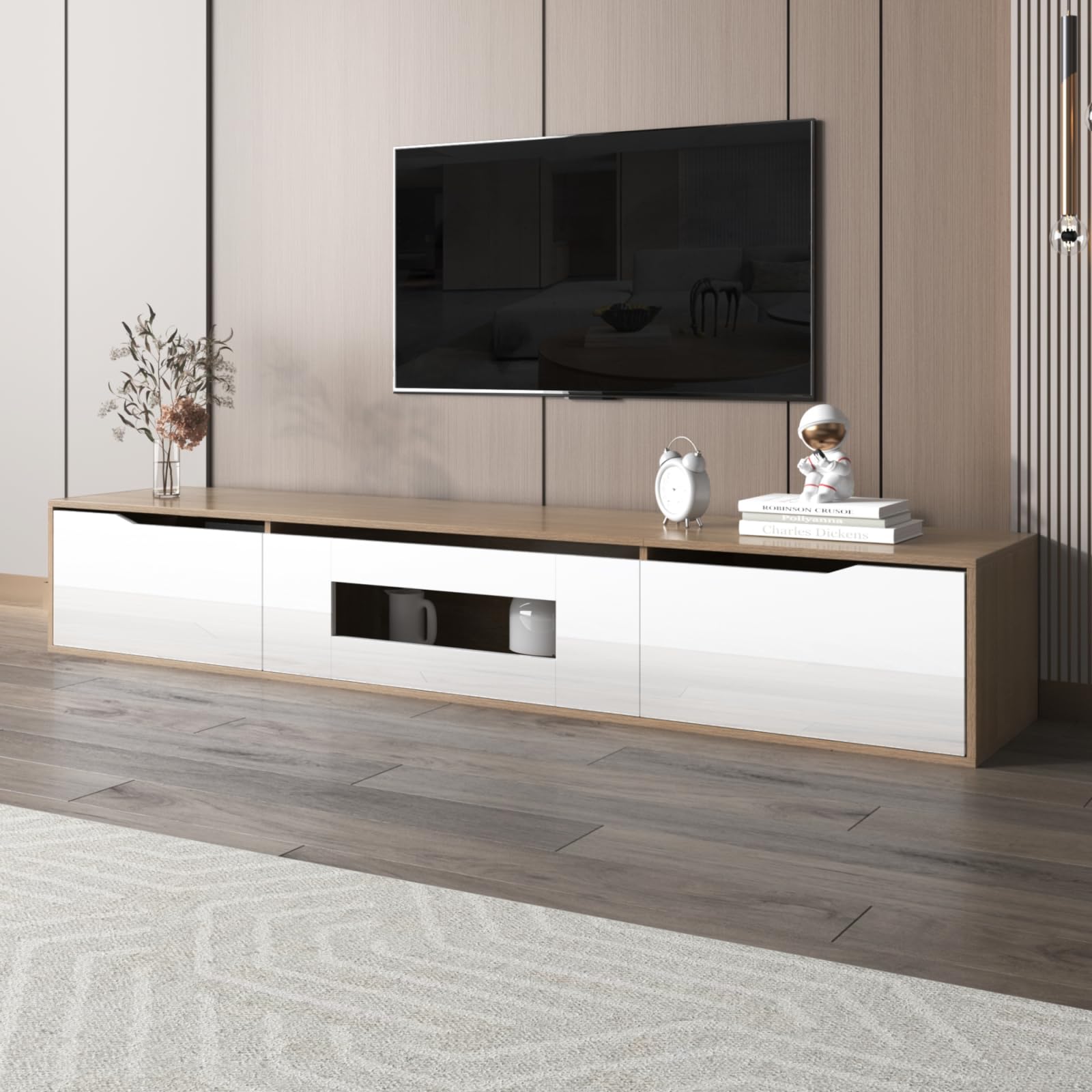 BRILVERDE Nowoczesna szafka pod telewizor z 16 kolorowymi diodami LED, biała, wysoki połysk, stolik pod telewizor z 3 szafkami, kredens do salonu, szafka pod telewizor, 180 cm – stojąca lub wisząca
