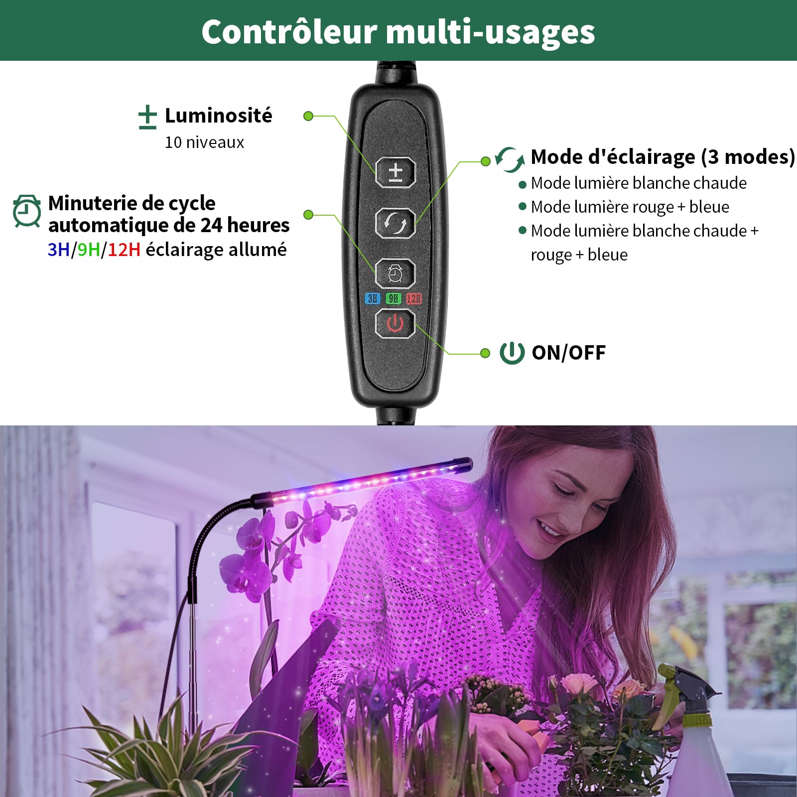 Lampe Croissance Plantes Spectre Complet - 48 LED, Minuterie 3/9/12h, Hauteur Réglable 15-66 Cm - Pour Intérieur