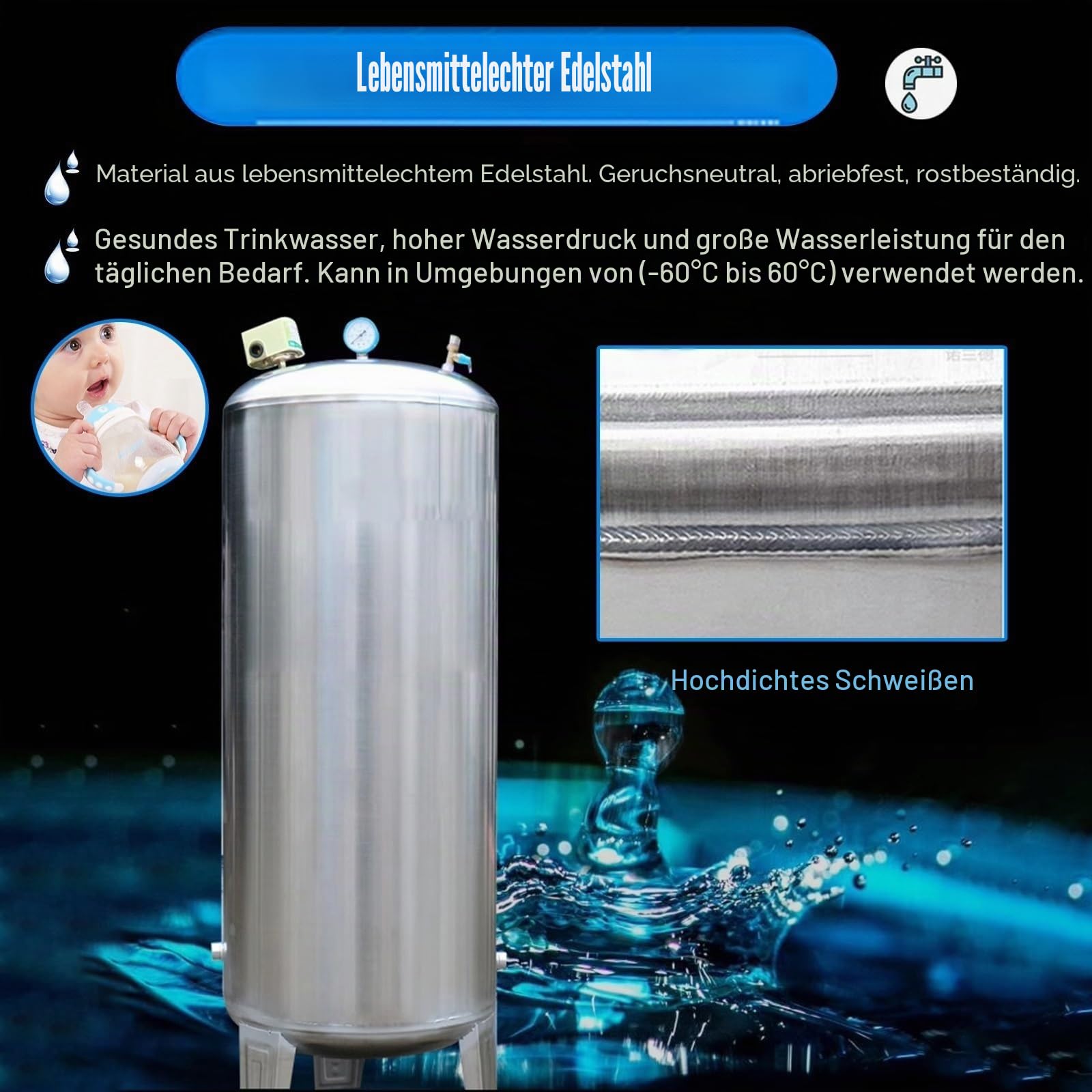 Druckbehälter Druckkessel Tragbarer Wasserspeicher 50, 100, 120, 150, 200, 300 l, Vertikale Druckwassertanks aus Edelstahl 304, Große Wasserbehälter für Warmwasserbereiter(15.9Gal/60L)